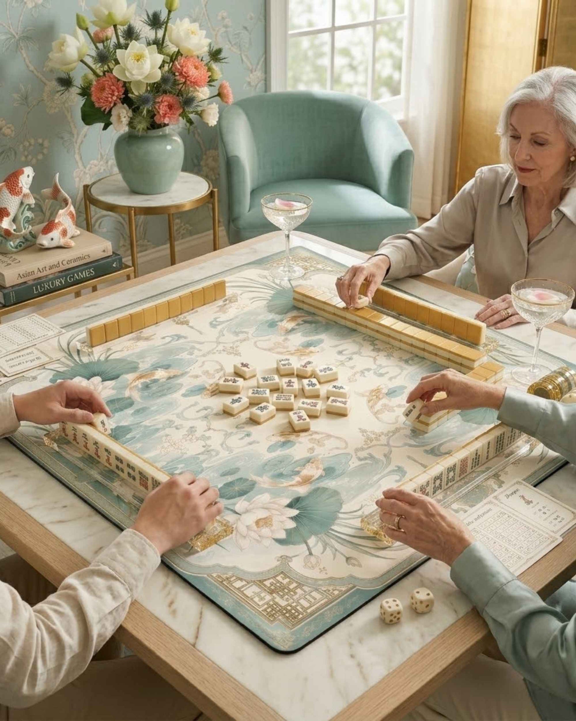 Square mahjong table mat with koi and lotus print, decorative non-slip play surface