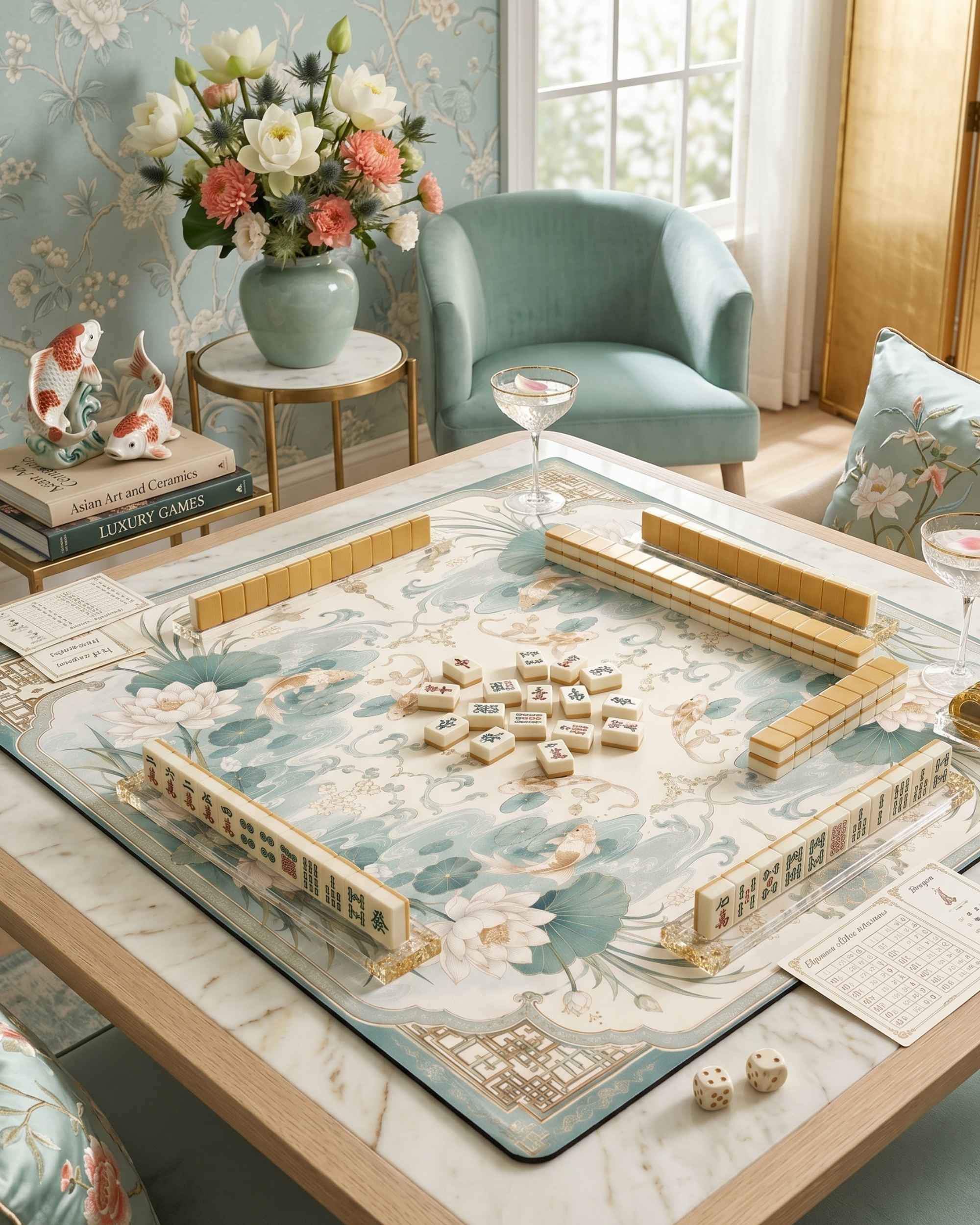 Square koi lagoon mahjong table mat with floral lotus and fish artwork