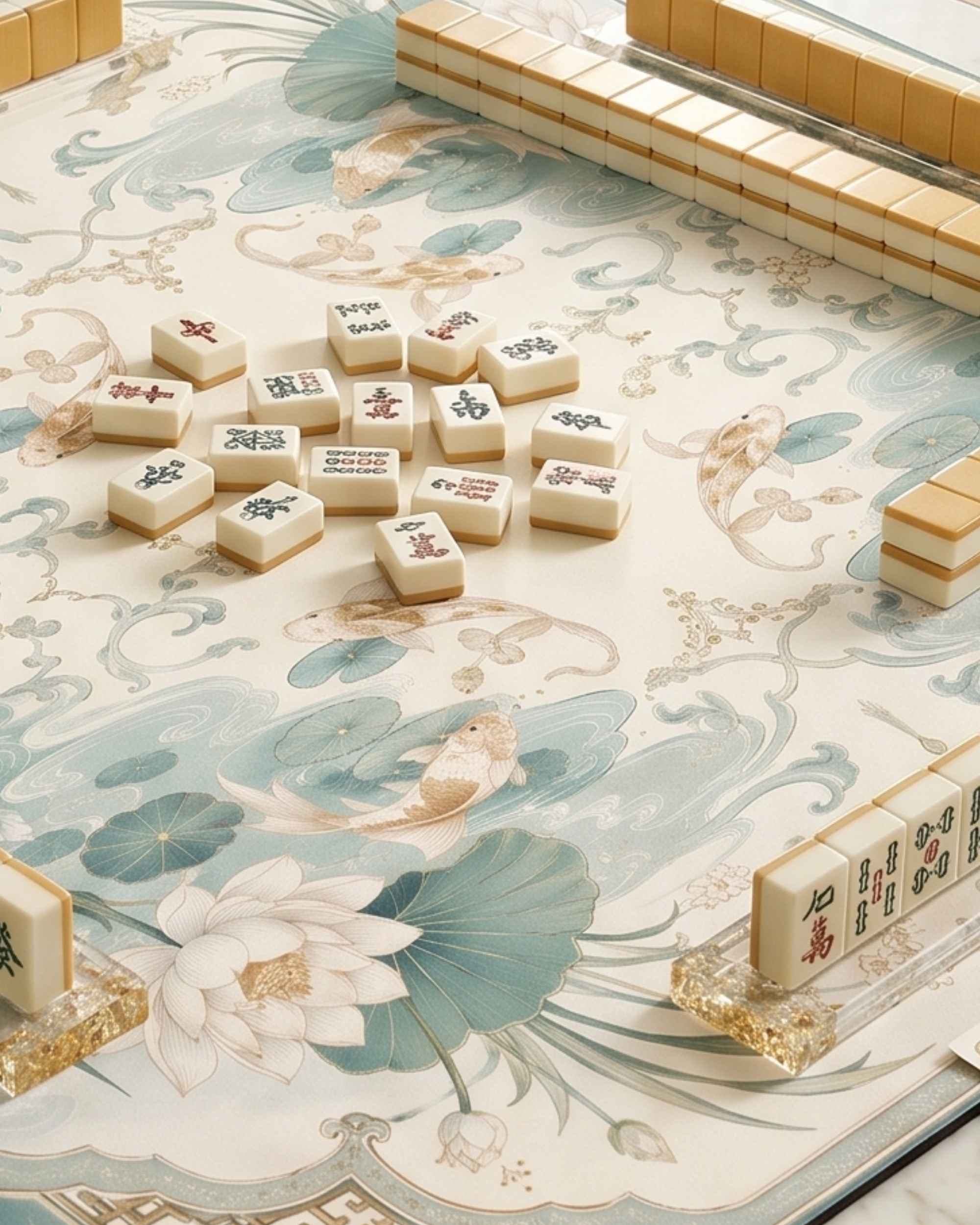 Square mahjong mat with pale koi lagoon pattern and floral lotus details