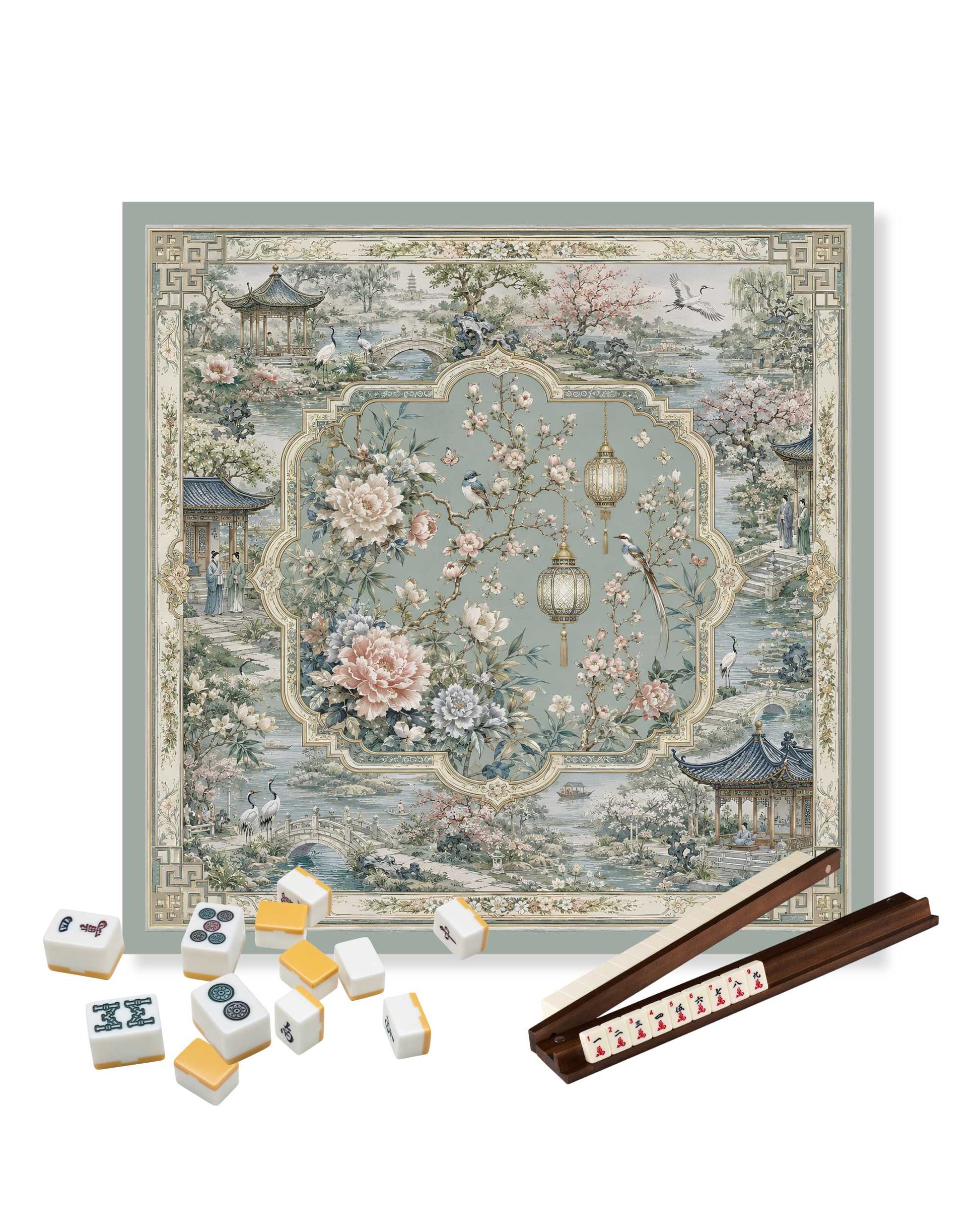 Square mahjong table mat with decorative oriental lantern and floral pattern