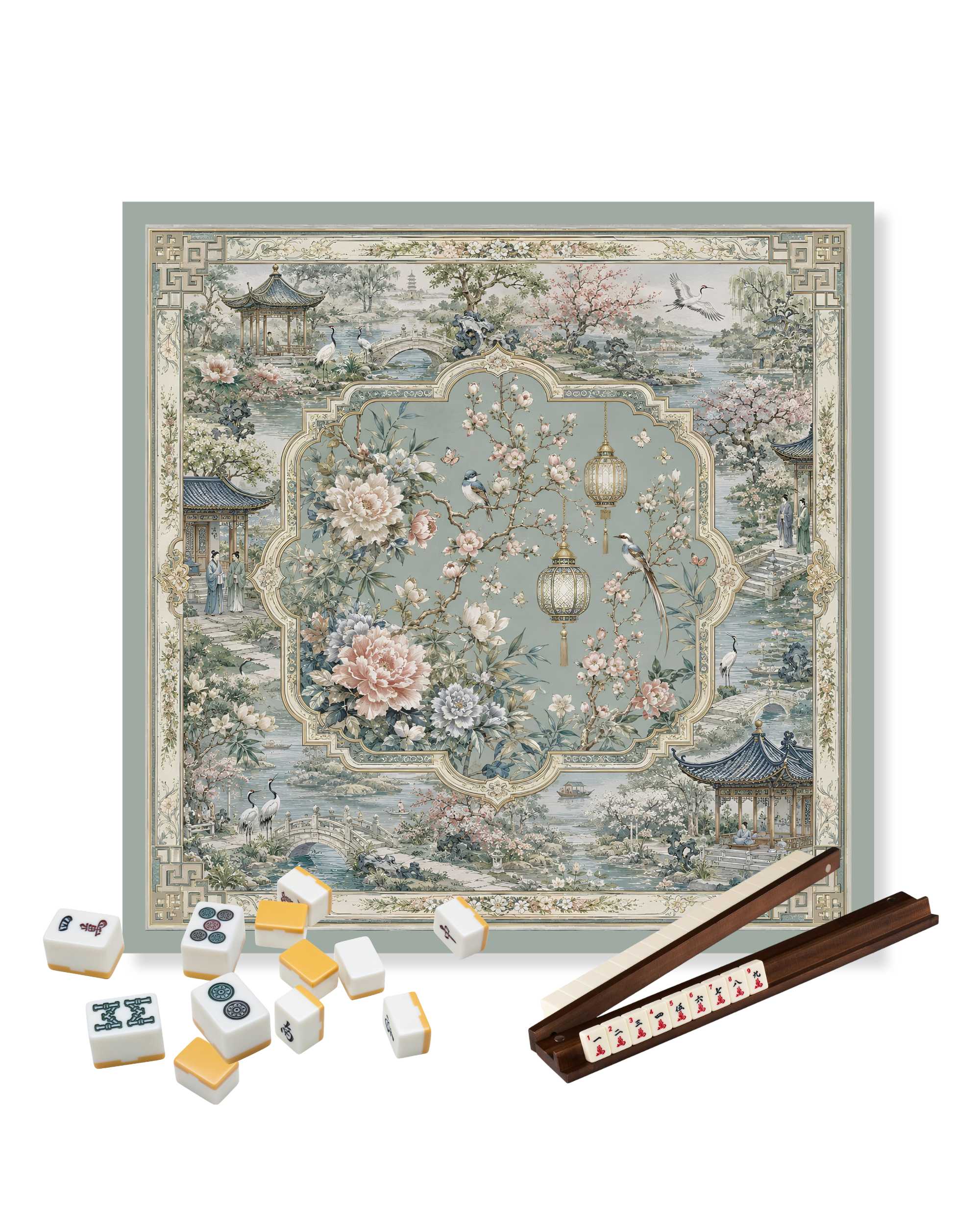 Square mahjong table mat with decorative oriental lantern and floral pattern