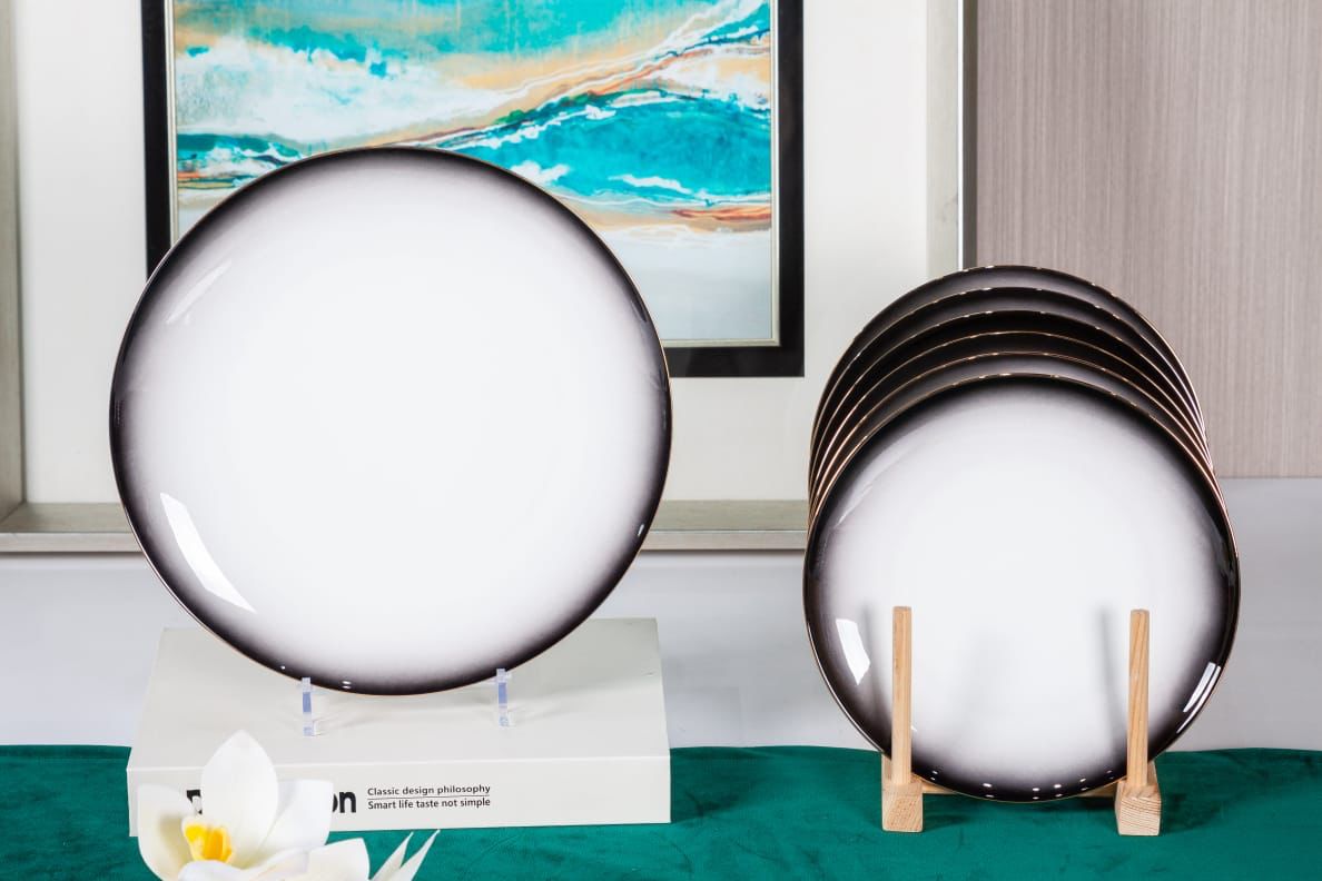 Premsons® Classic Large Dinner Party Plate Set of 6 – Elegant Porcelain Plates for Dining & Entertaining - Ombre Black