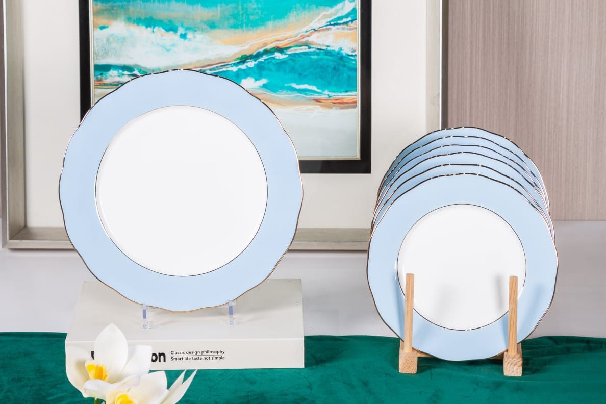 Premsons® Classic Large Dinner Party Plate Set of 6 – Elegant Porcelain Plates for Dining & Entertaining - Powder Blue