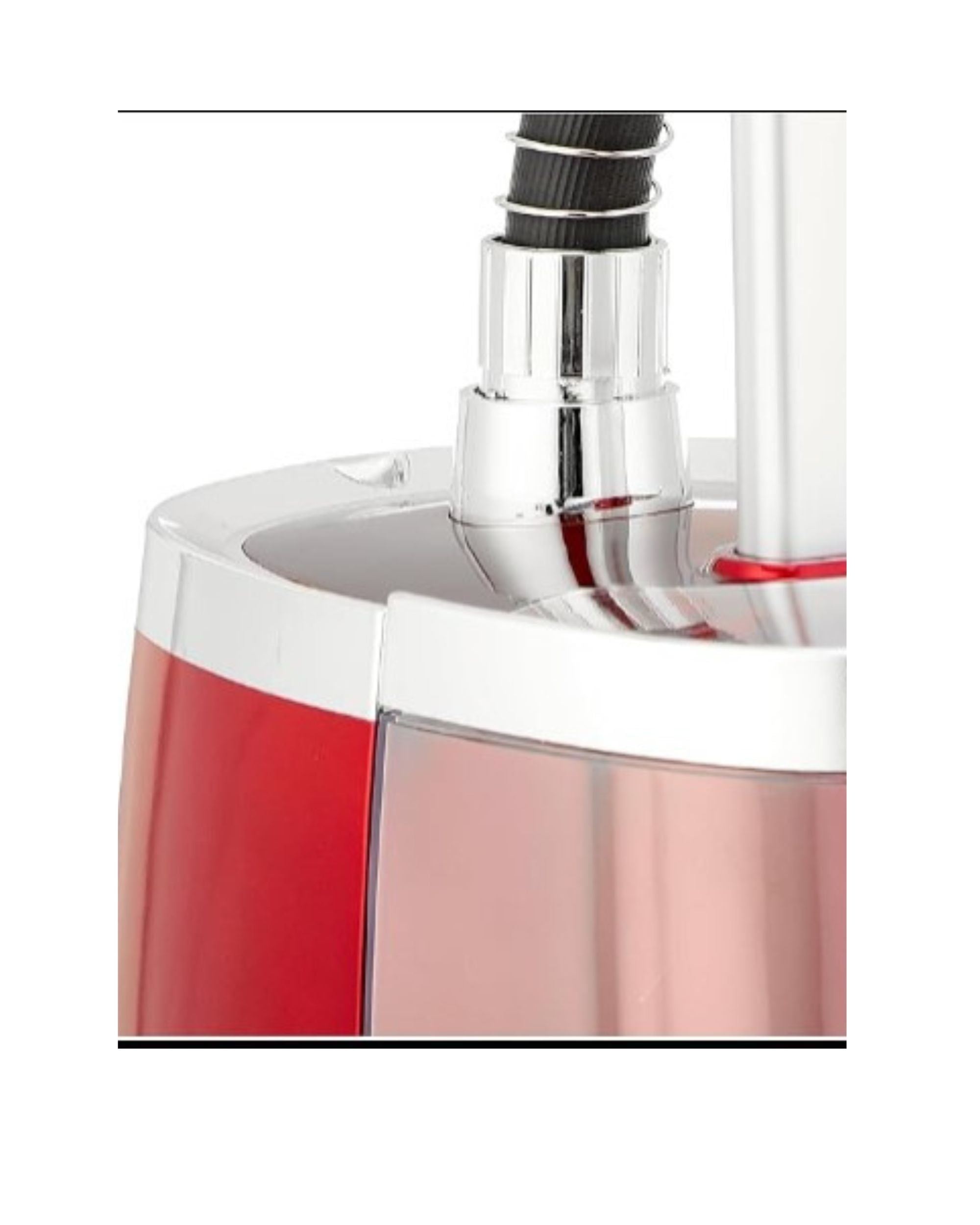 Garment steamer water tank and steam nozzle head, close-up detail