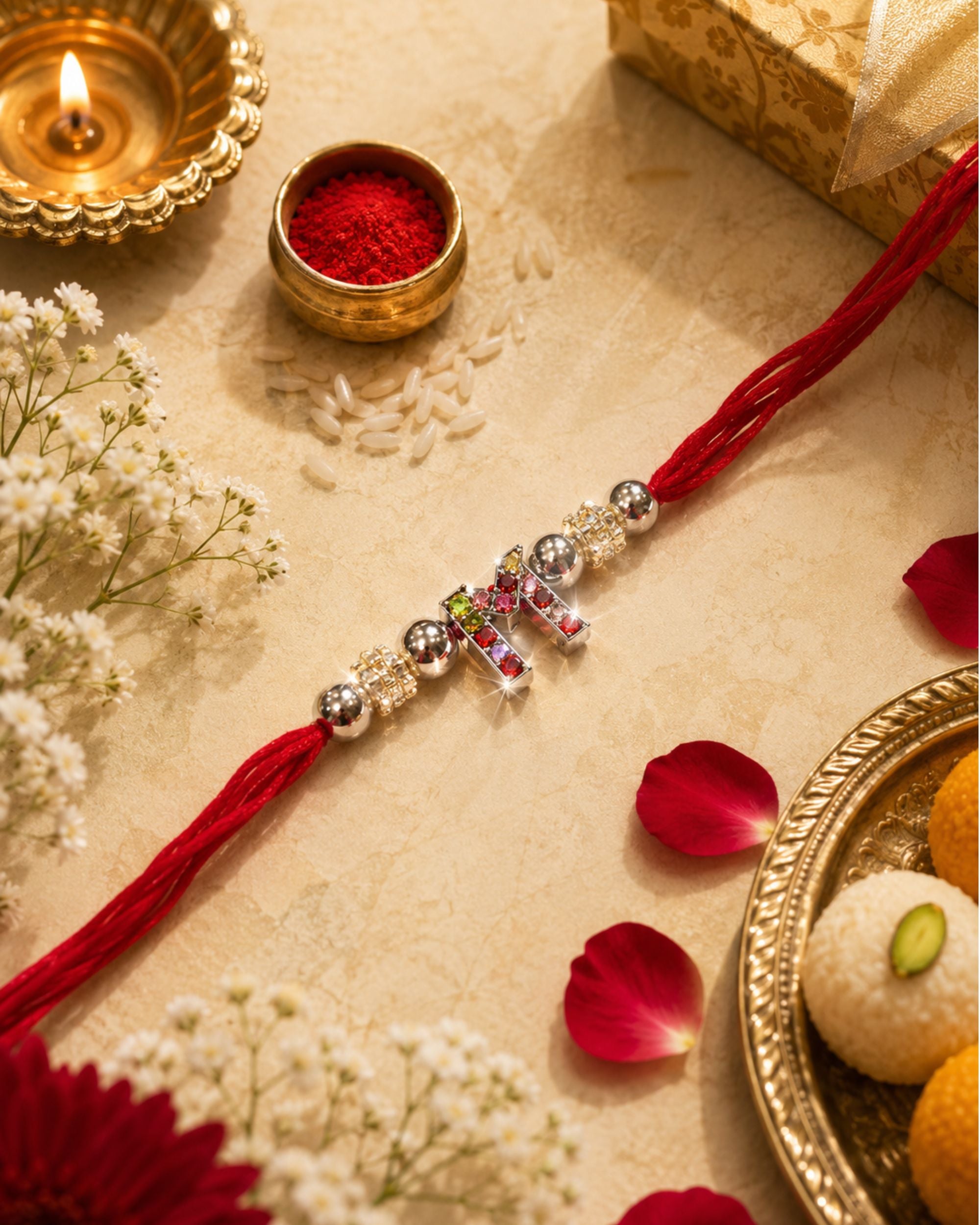 Premsons® Premium Alphabet Rakhi for Brother | Personalized Initial Letter Raksha Bandhan Rakhi with Multicolor Crystal Charm