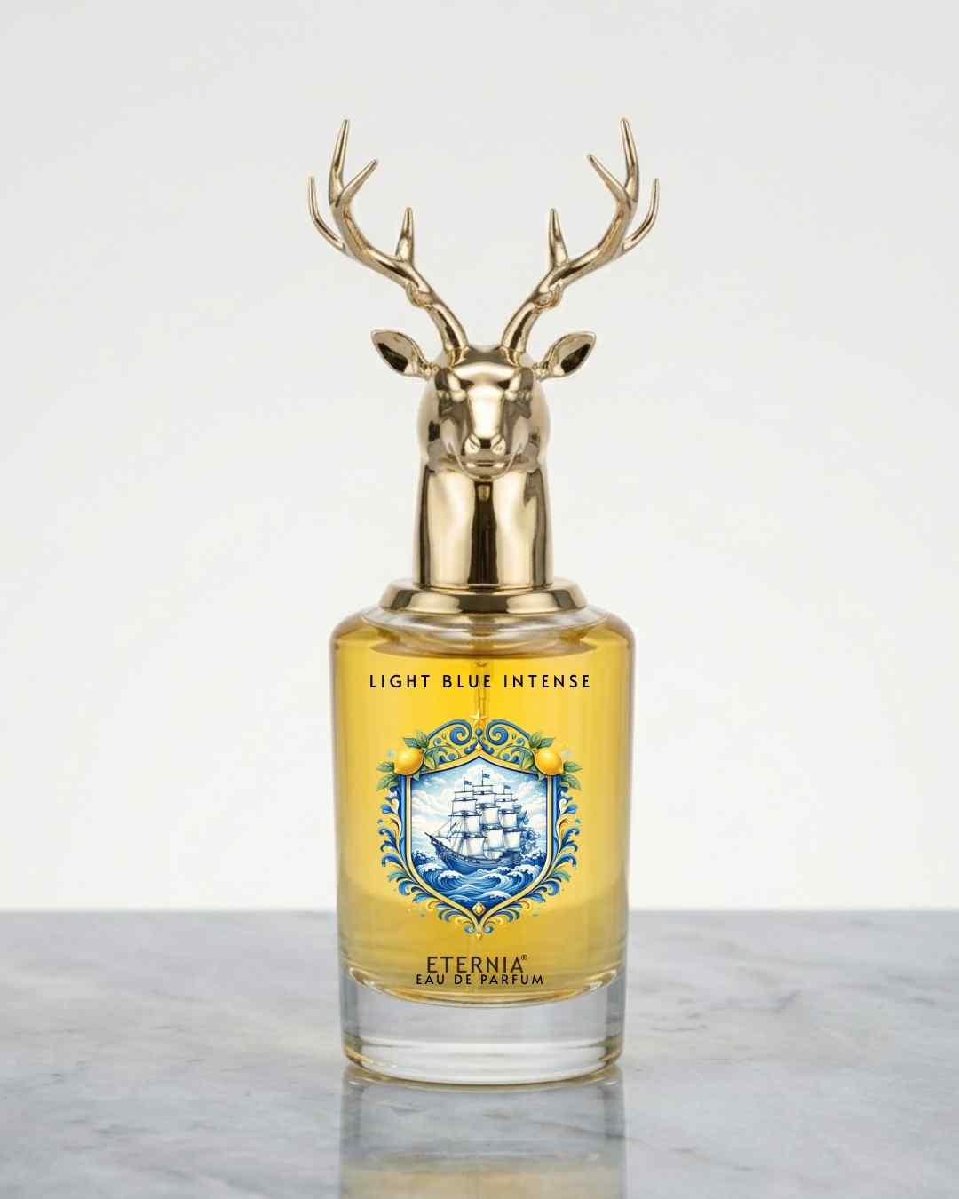 Eternia eau de parfum bottle with golden deer antler cap and blue crest label
