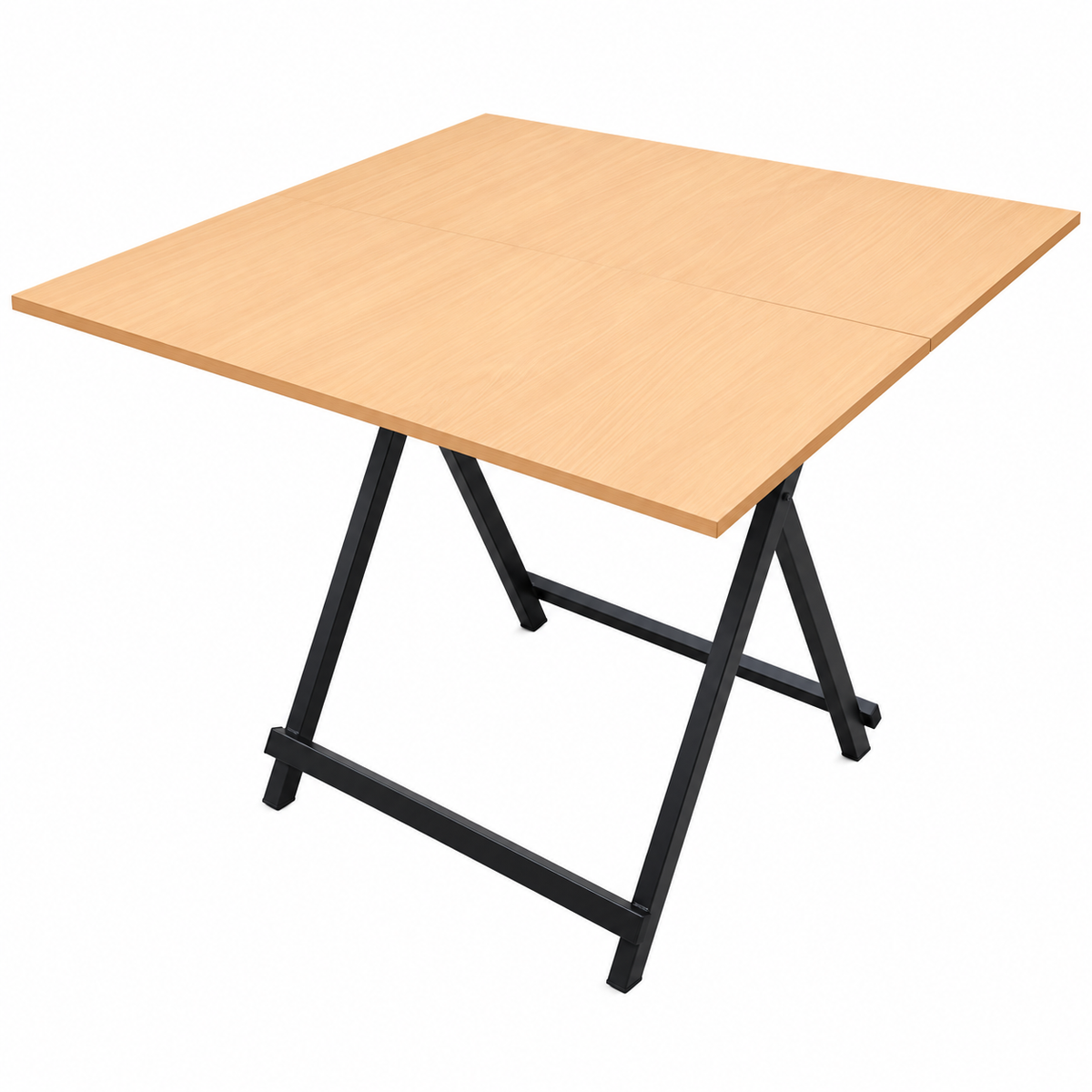 Light brown foldable table with black metal frame and angled legs