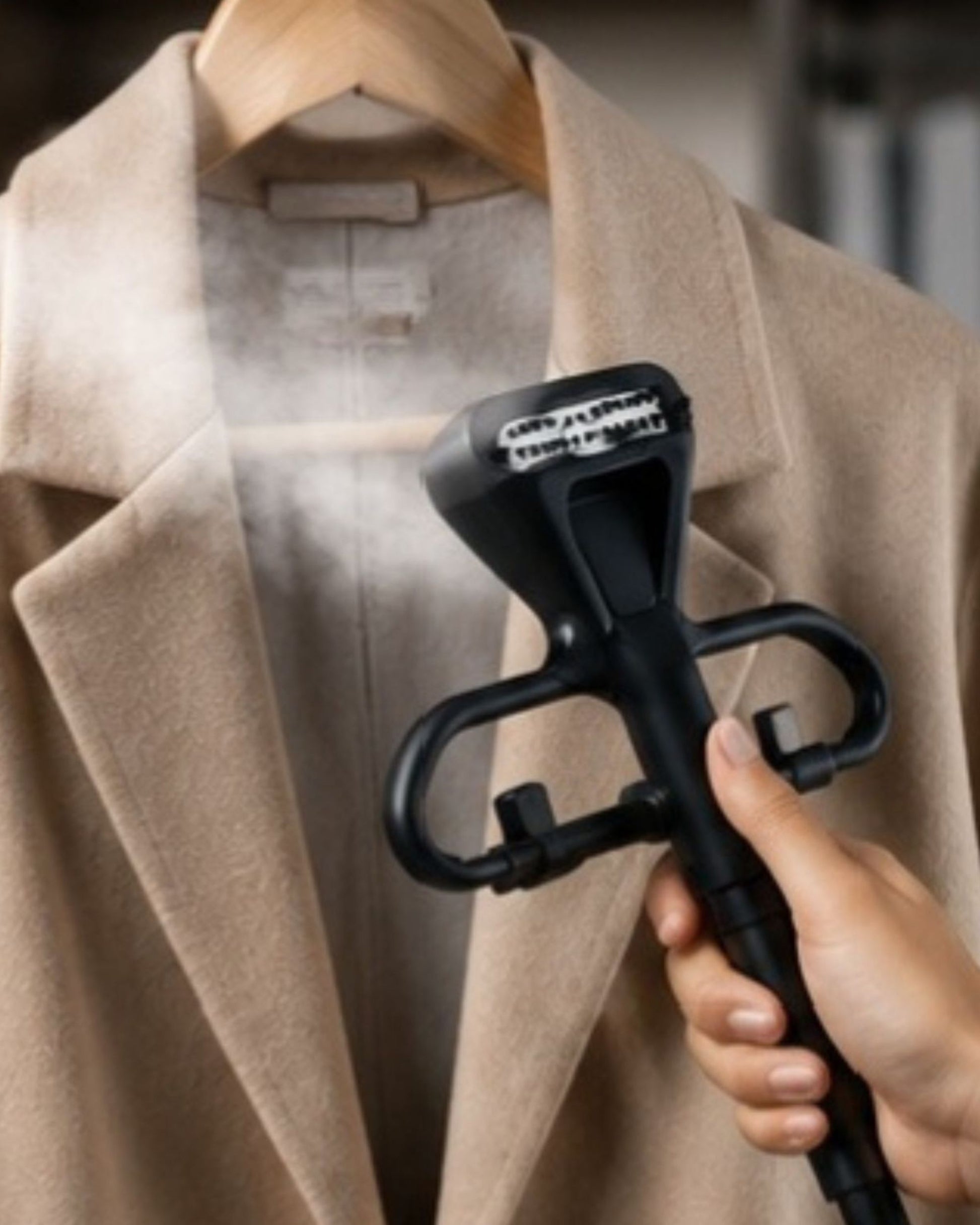 Handheld garment steamer with black steam head and nozzle, held near a tan jacket