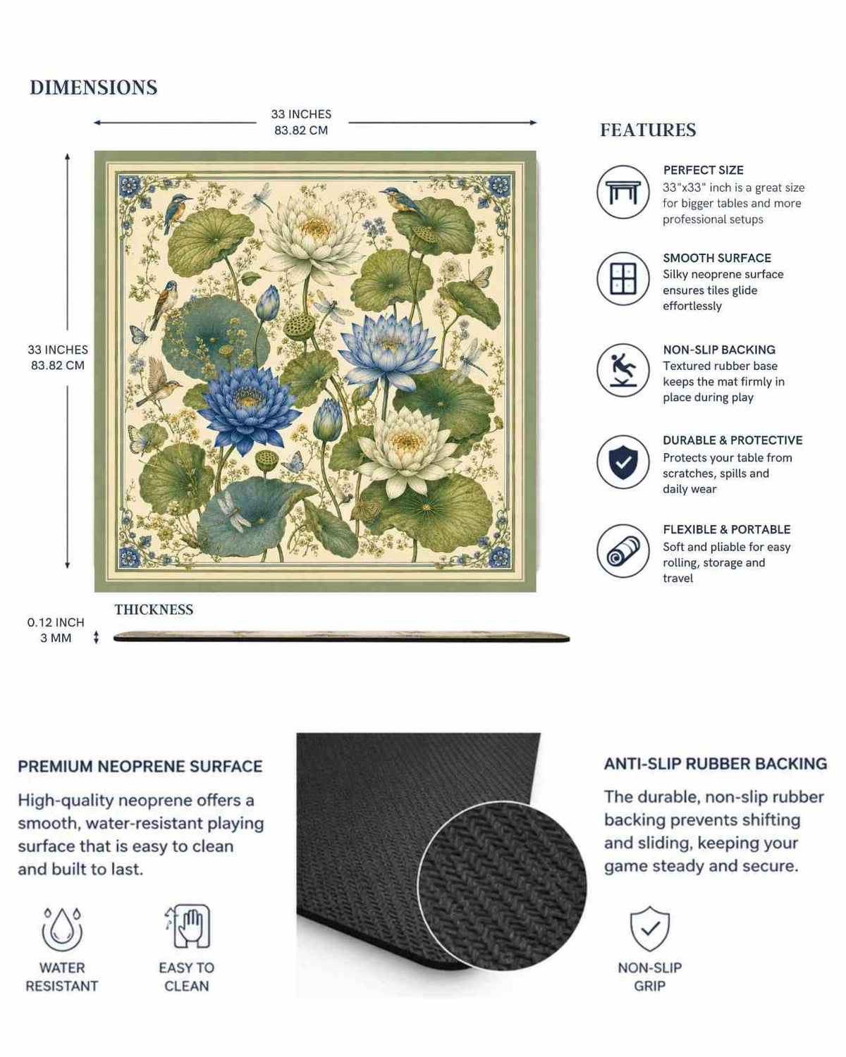 Premsons Lilypond Mahjong Mat – 33 x 33 inch Large Table Game Mat