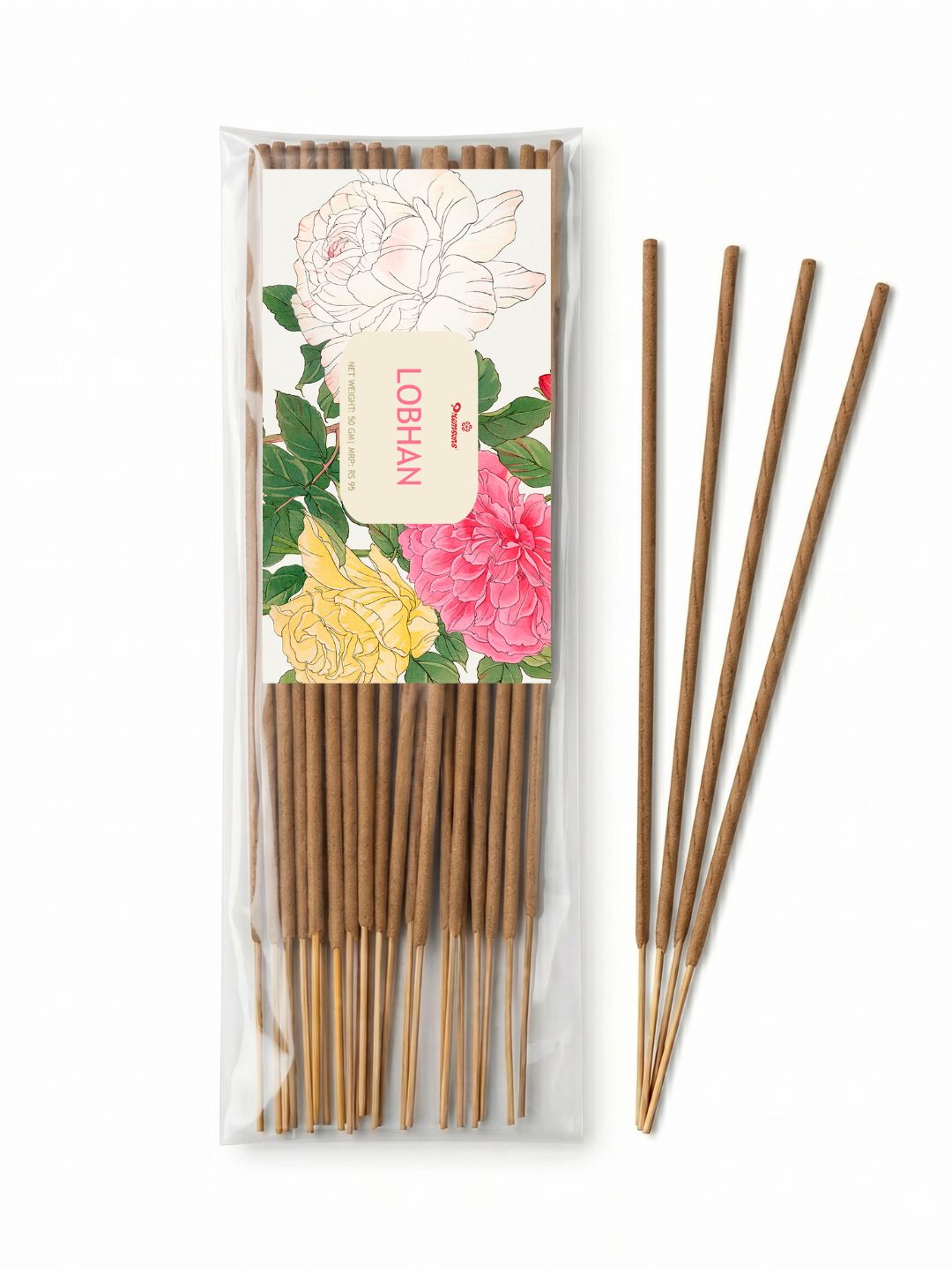Traditional incense sticks, five sticks visible in a clear box with floral label