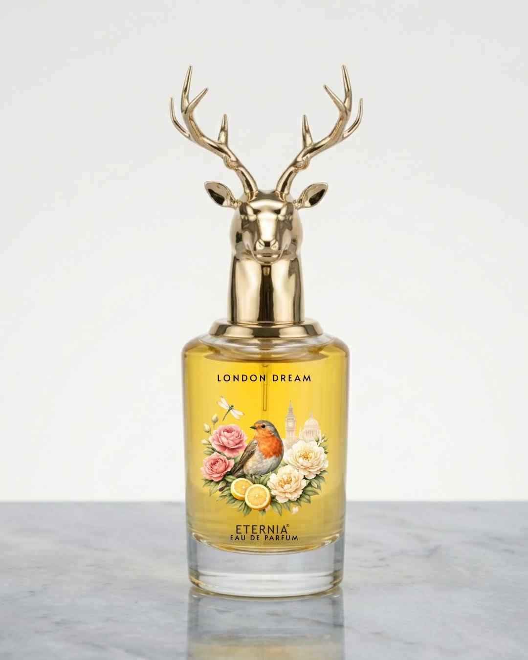 Eternia London Dream eau de parfum bottle with gold deer antler cap and floral bird label