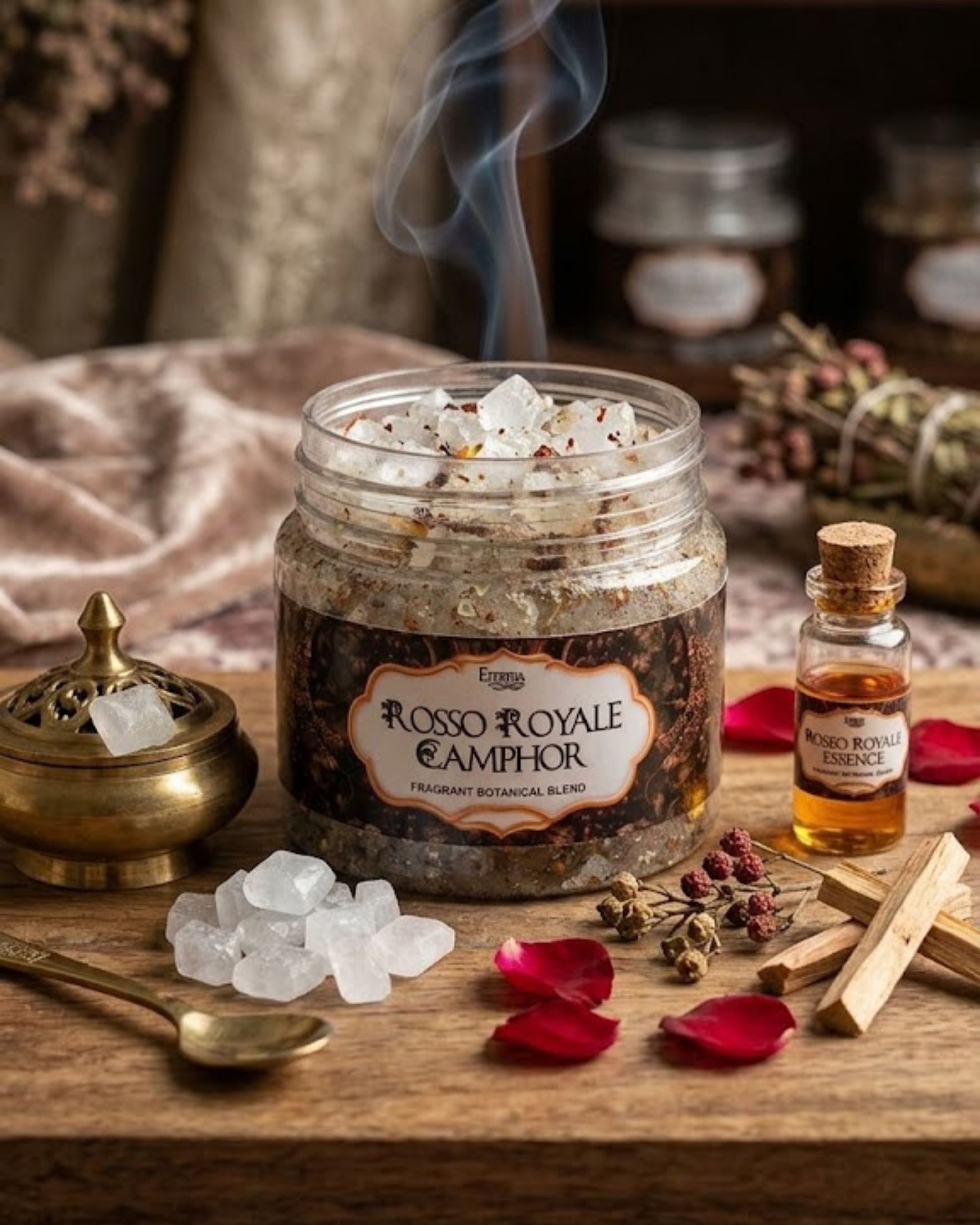 Camphor aroma crystals jar with smoke, flowers, and scattered crystal pieces
