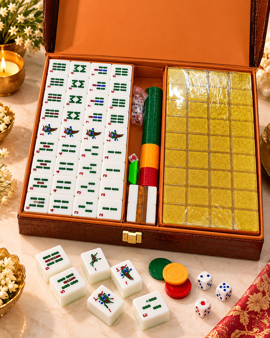 Glitter gold mahjong set with tile racks, dice, and chips in open wooden box