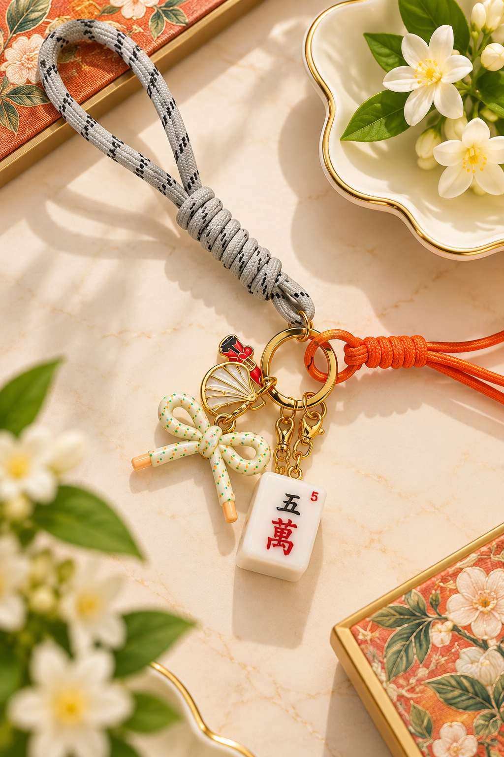 Mahjong tile keychain with gold charm, orange cord, red tile with characters.