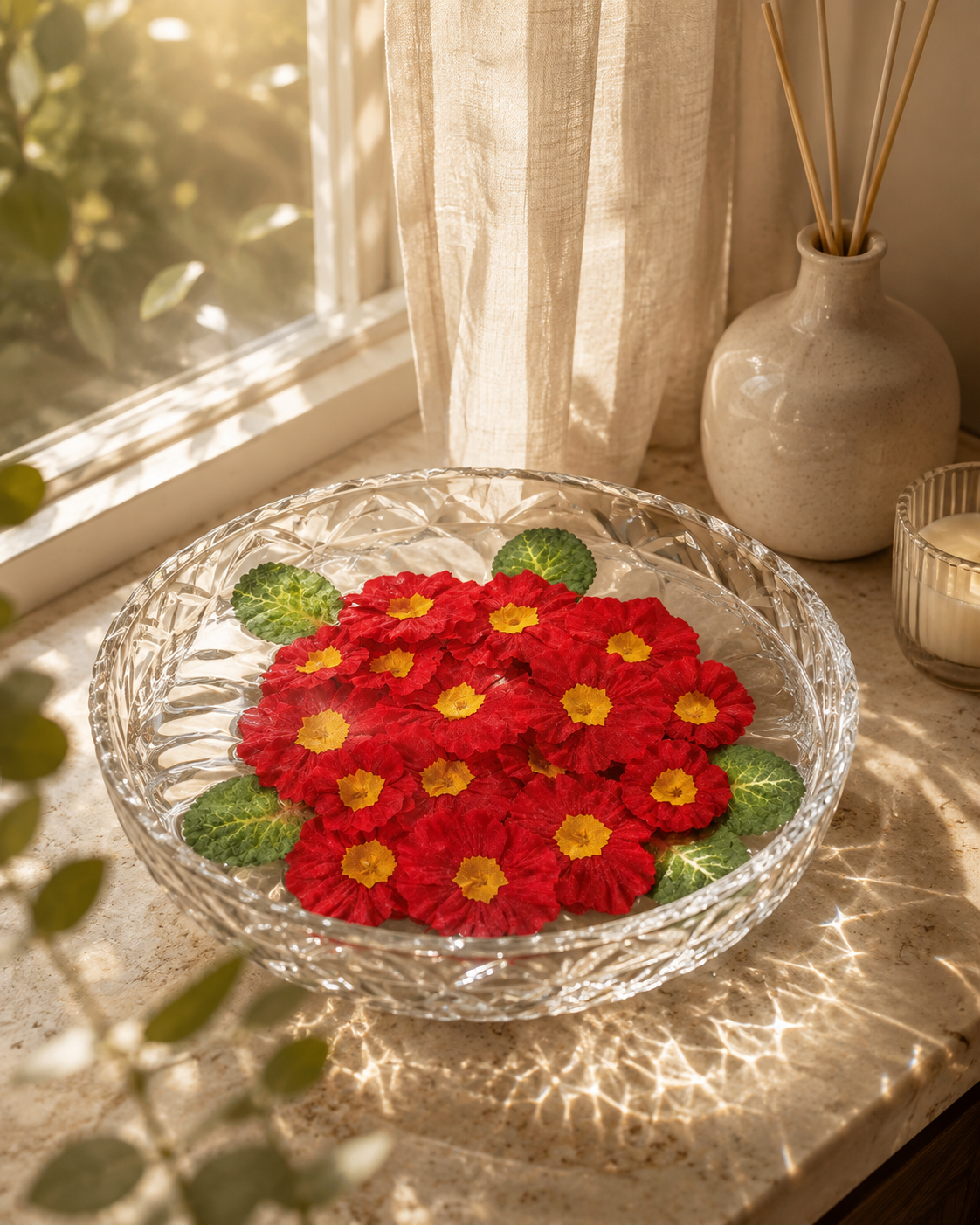 Red artificial floating flowers with yellow centers in clear decorative bowl