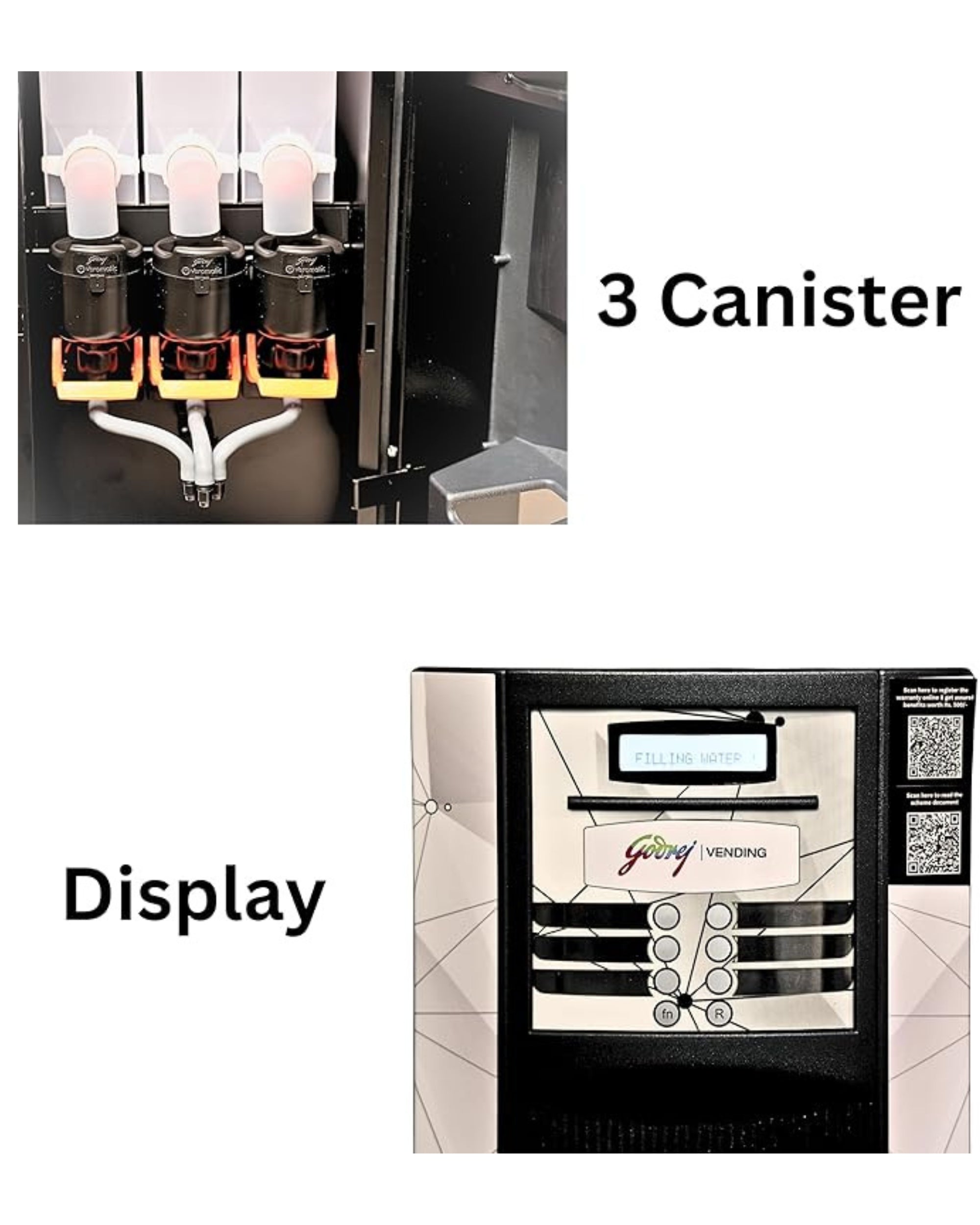 GODREJ VENDING Minifresh 3300 Smart Coffee and Tea Vending Machine, 3 Canister Premix System, Digital Display, Ideal for Home & Office, Black