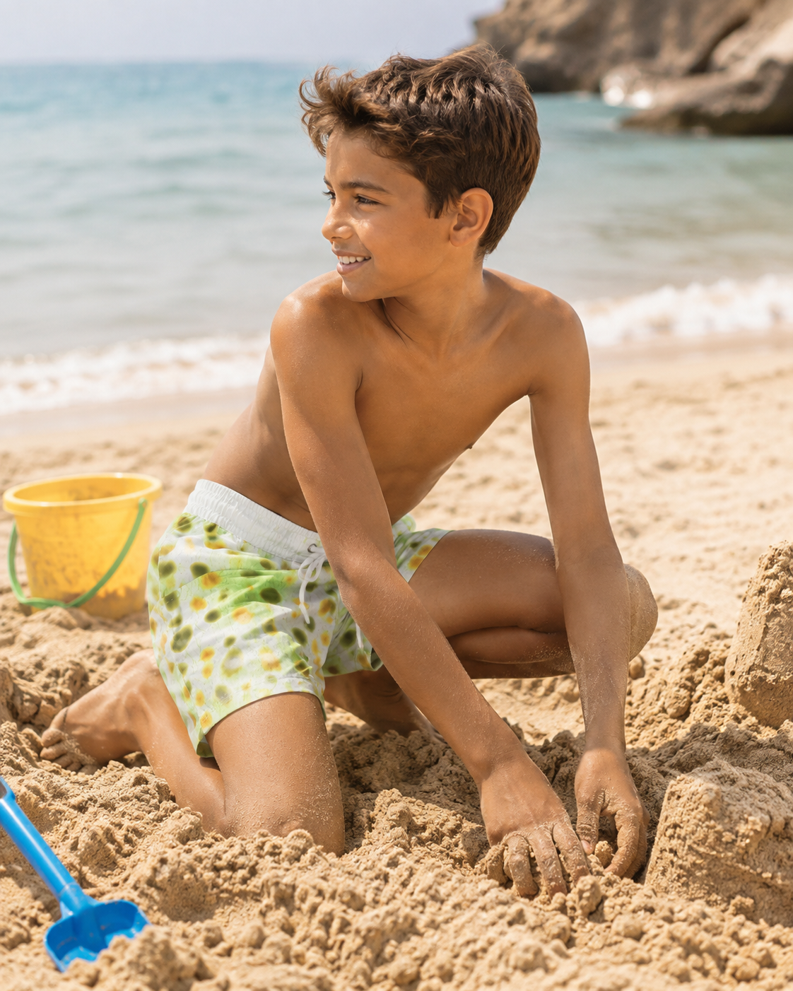 Premsons® Boys’ Green Printed Swim Shorts – Quick-Dry Beach & Pool Shorts with Drawstring | Ages 10–12 Years