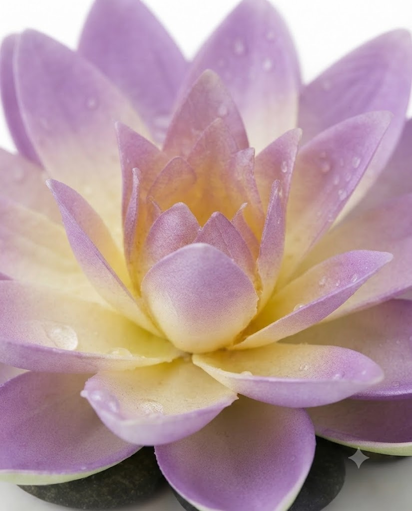 Close-up of purple artificial lotus flower with yellow center on green pad, set of 4
