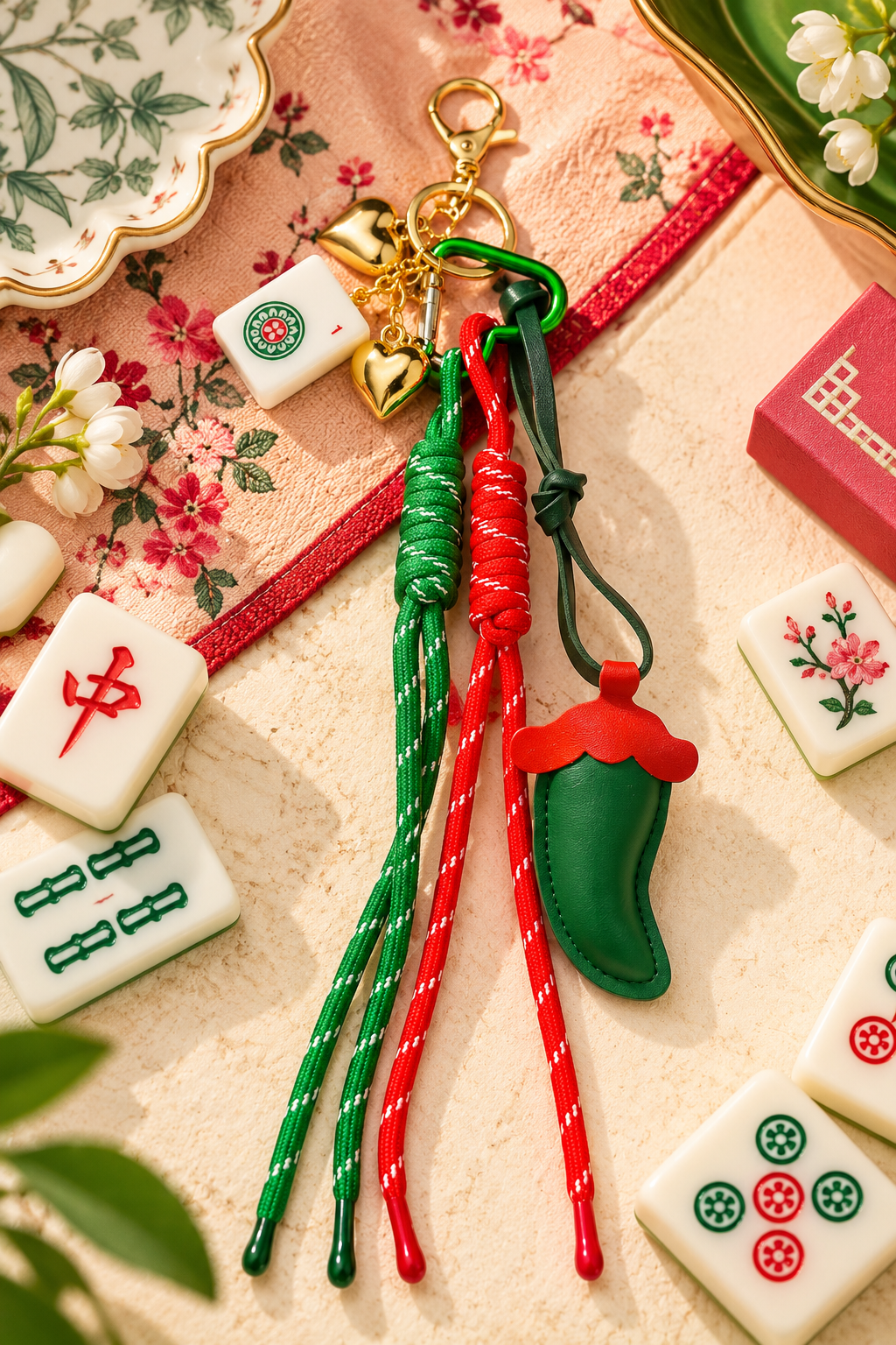 Mahjong tile keychain with green and red tassels and gold lobster clasp