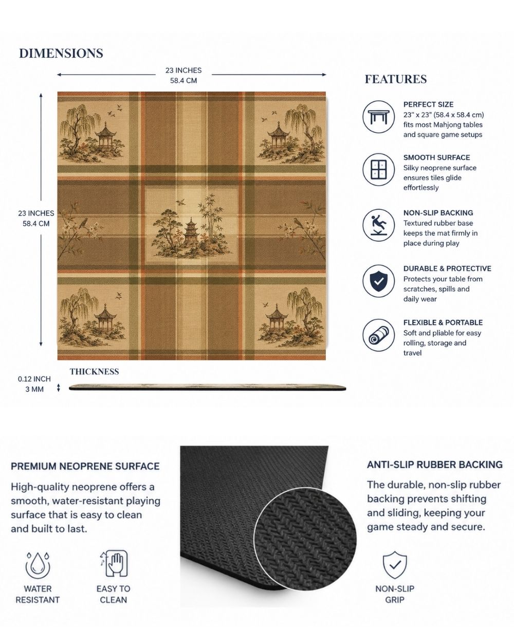 Premsons® Mahjong Manor Mahjong Table Mat – Premium Anti-Slip Square Gaming & Decorative Mat - 23 x 23 inch - Versatile Non-Slip Play Surface