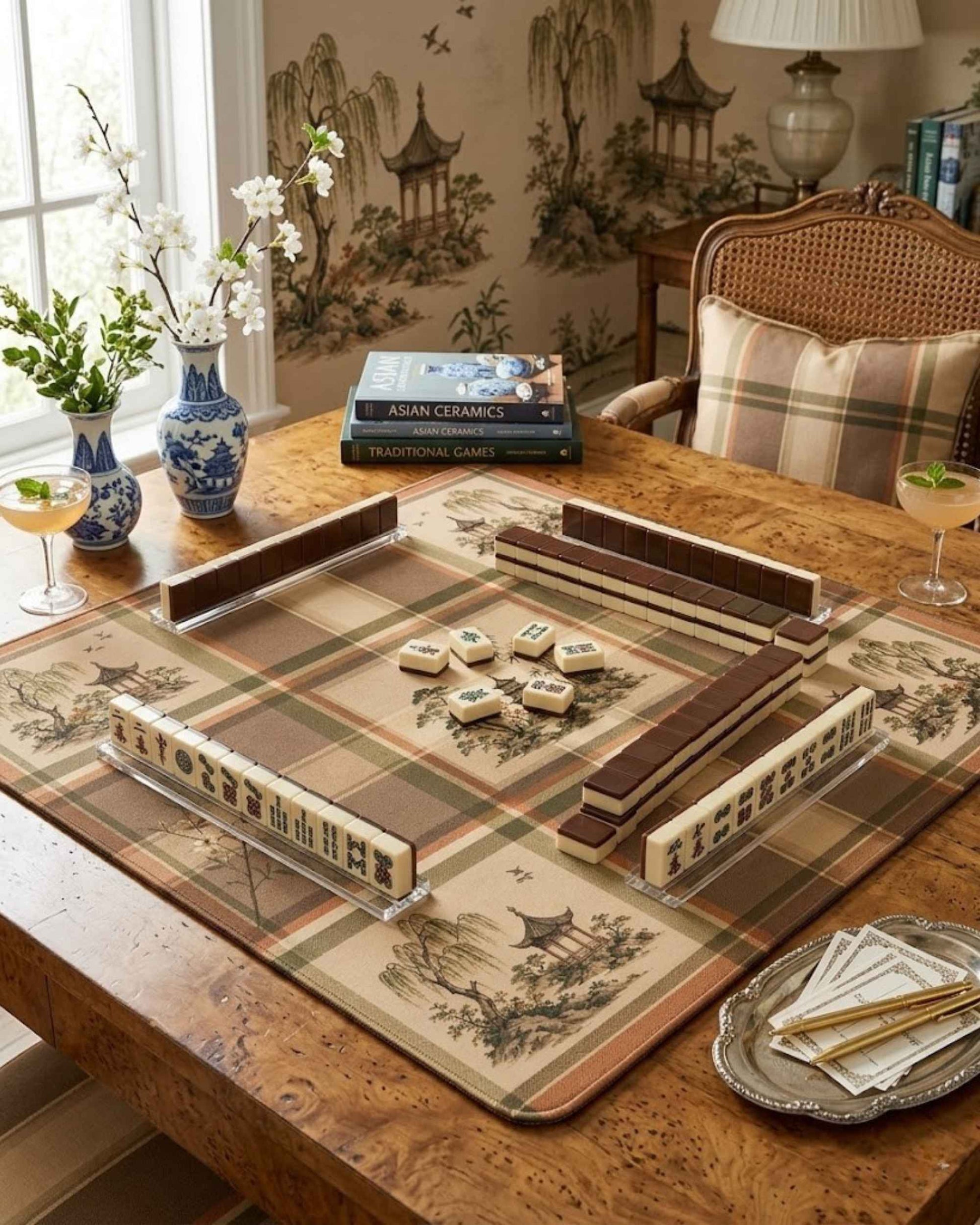 Square mahjong table mat with plaid weave and ornate border design, 23 x 23 in
