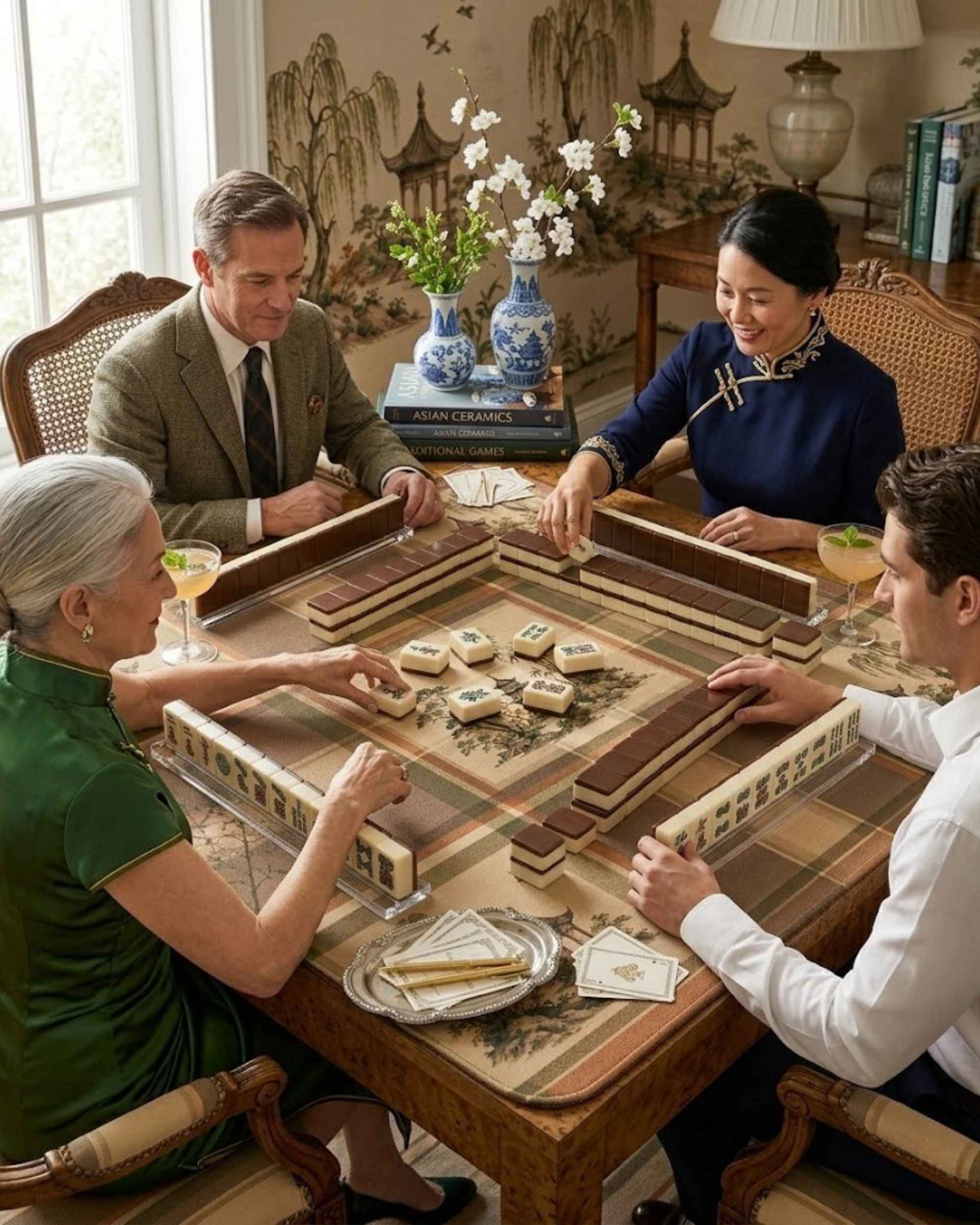 Square mahjong mat on table with tile racks and stacked mahjong tiles for play