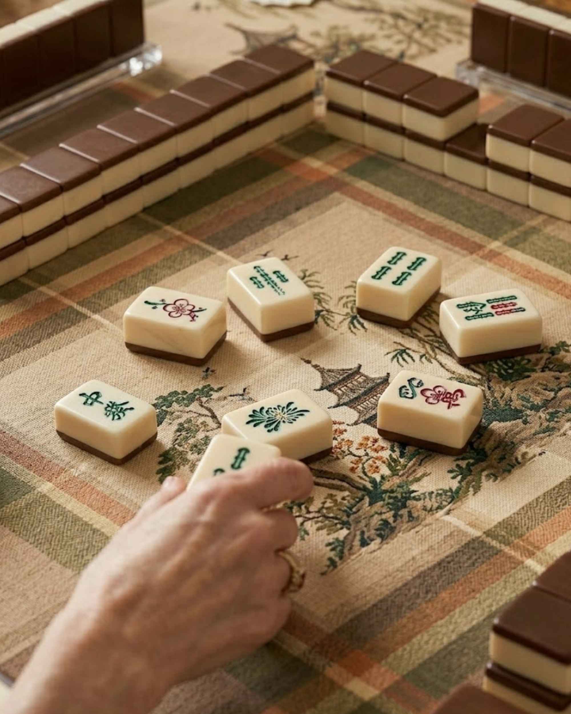 Mahjong table mat with plaid squares and decorative floral motifs, anti-slip texture