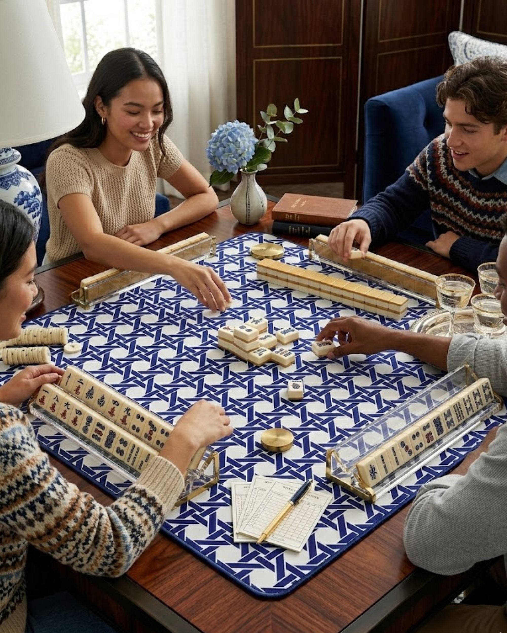 Premsons® Navy Geometric Mahjong Mat – Luxury Padded Mahjong Table Cover with Modern Bamboo Weave Pattern, Foldable Non-Slip Gaming Surface