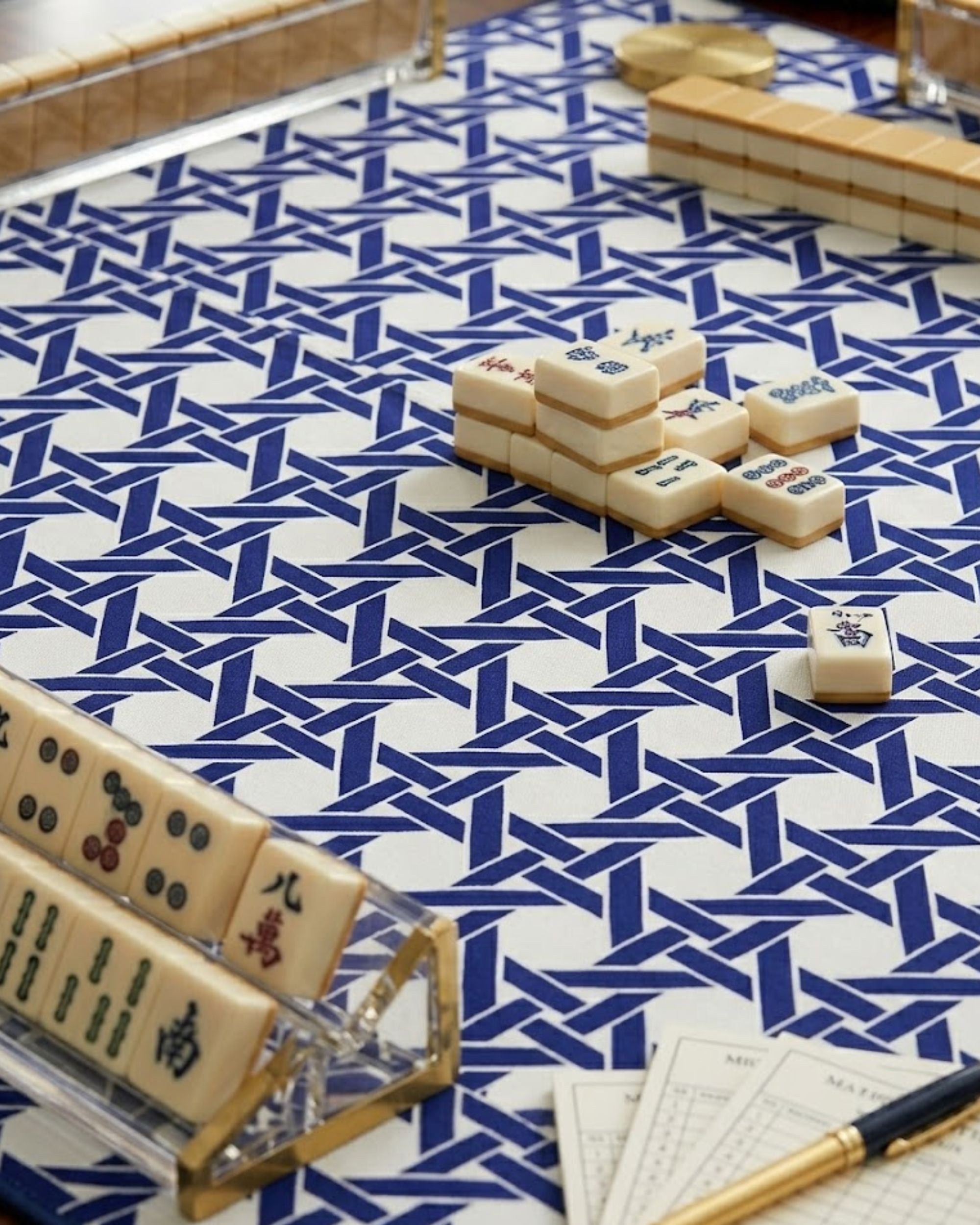 Premsons® Navy Geometric Mahjong Mat – Luxury Padded Mahjong Table Cover with Modern Bamboo Weave Pattern, Foldable Non-Slip Gaming Surface