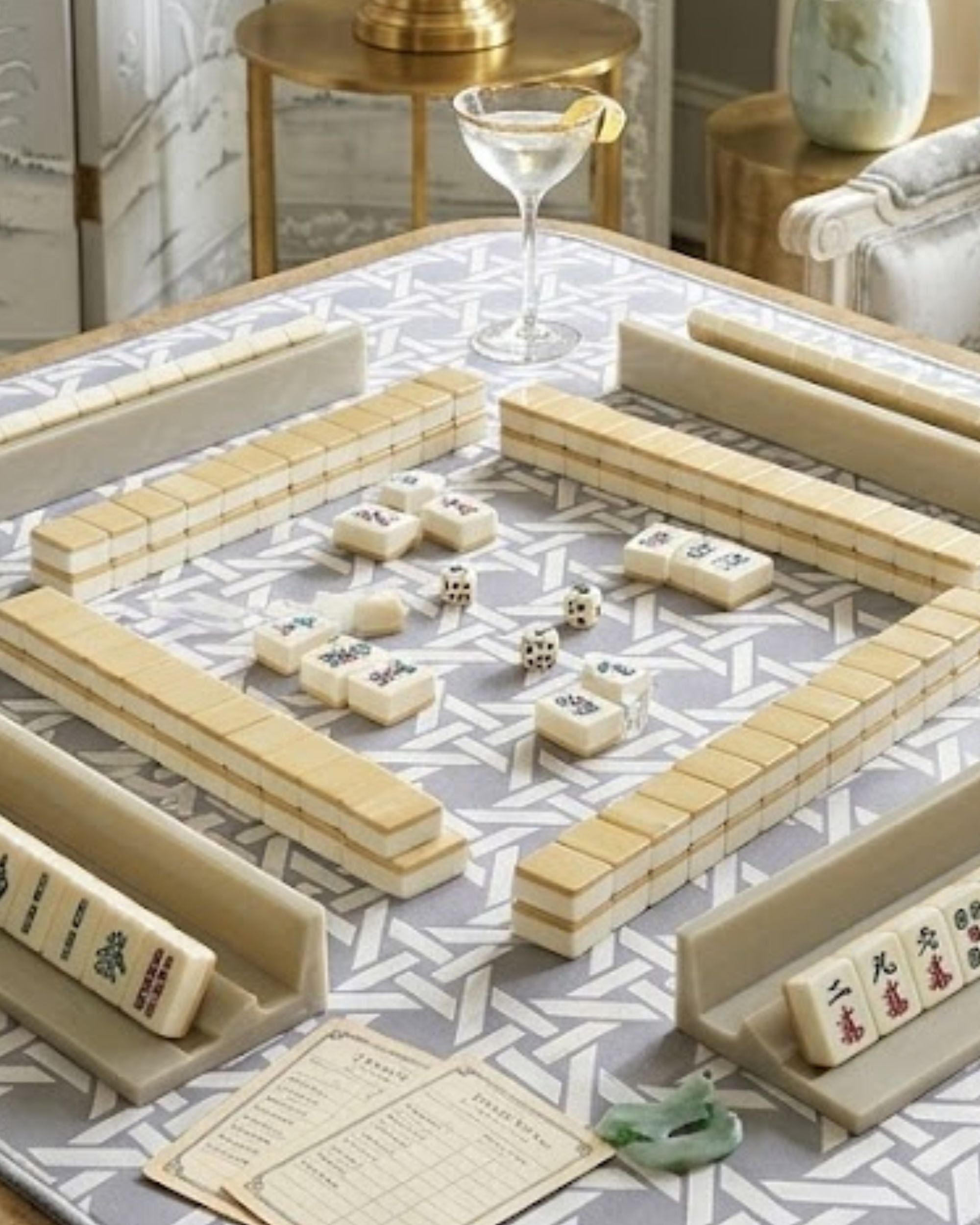 Premsons® Grey Geometric Mahjong Mat – Luxury Padded Mahjong Table Cover with Modern Bamboo Weave Pattern, Foldable Non-Slip Gaming Surface