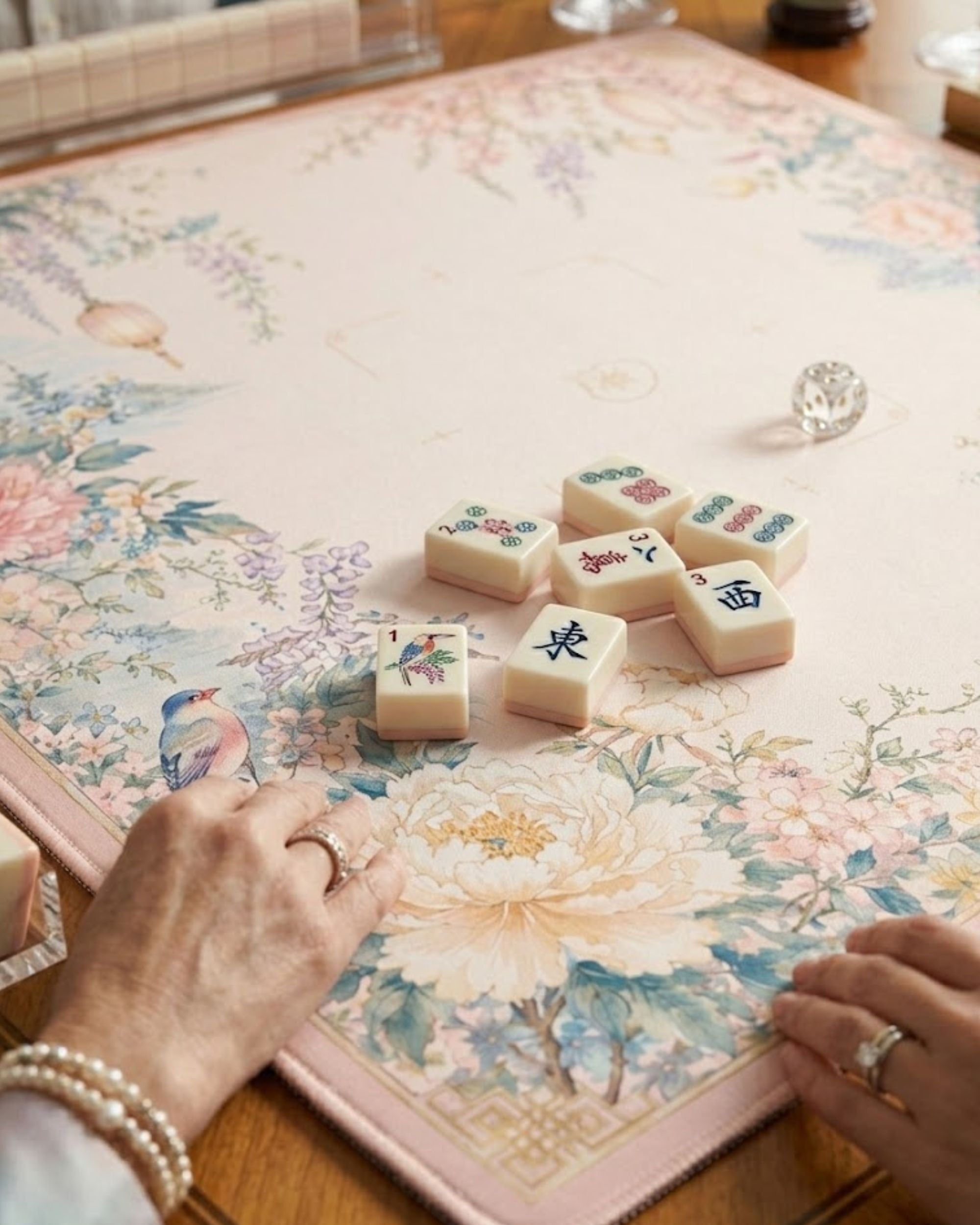 Premsons® Delicate Florals Mahjong Mat – Luxury Padded Mahjong Table Cover with Vintage Peony, Wisteria & Lantern Garden Design, Foldable Non-Slip Gaming Surface