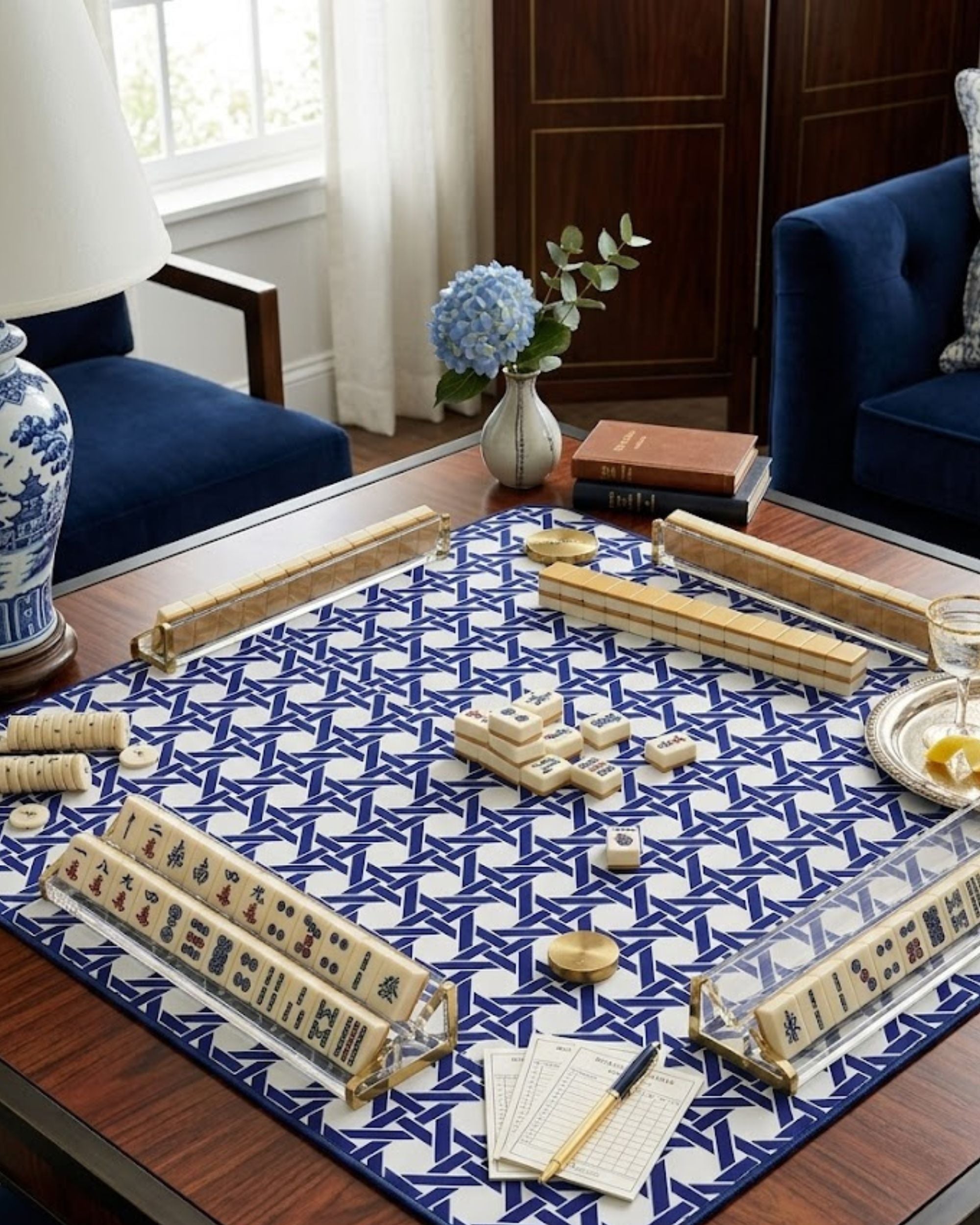 Premsons® Navy Geometric Mahjong Mat – Luxury Padded Mahjong Table Cover with Modern Bamboo Weave Pattern, Foldable Non-Slip Gaming Surface
