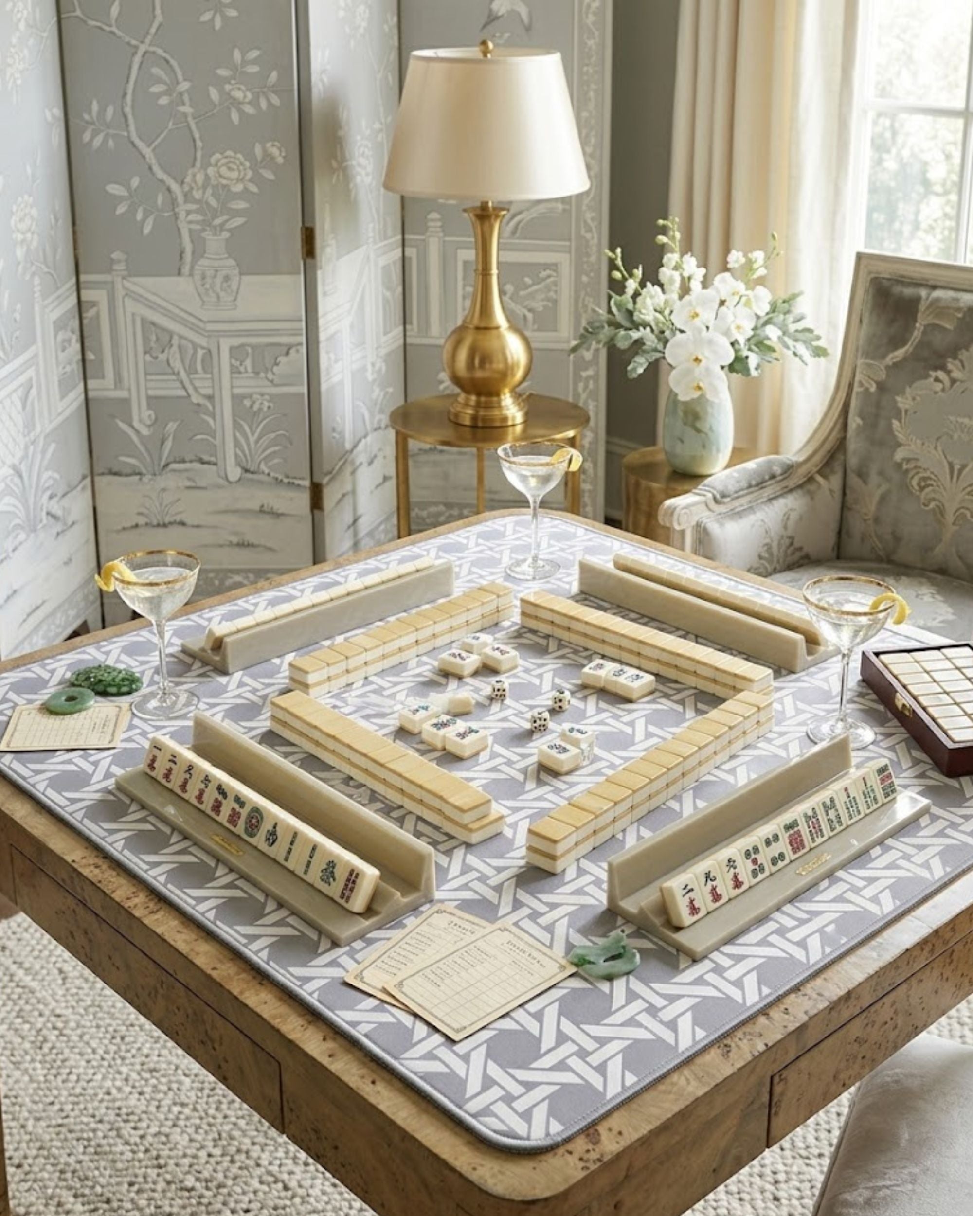 Premsons® Grey Geometric Mahjong Mat – Luxury Padded Mahjong Table Cover with Modern Bamboo Weave Pattern, Foldable Non-Slip Gaming Surface
