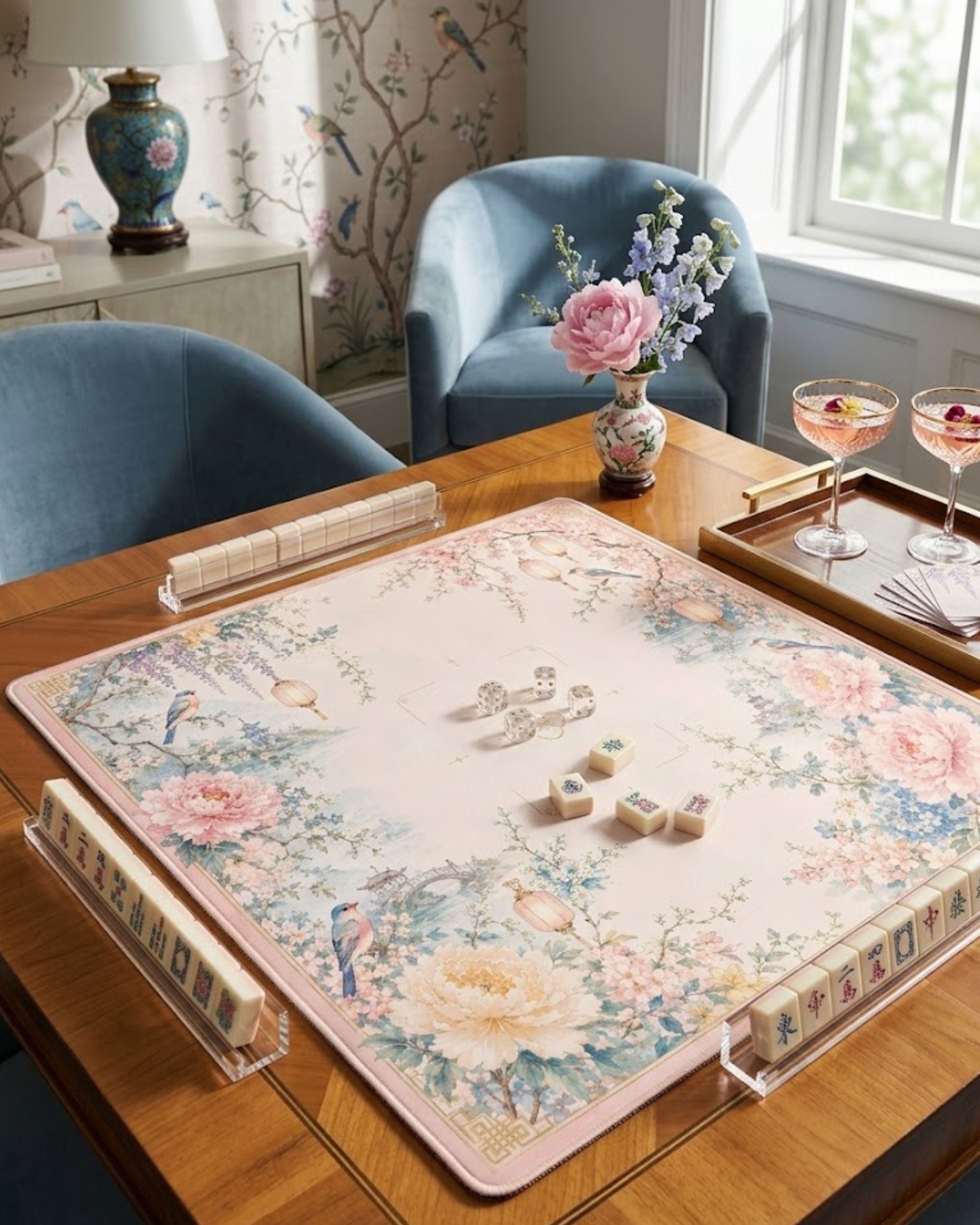 Premsons® Delicate Florals Mahjong Mat – Luxury Padded Mahjong Table Cover with Vintage Peony, Wisteria & Lantern Garden Design, Foldable Non-Slip Gaming Surface