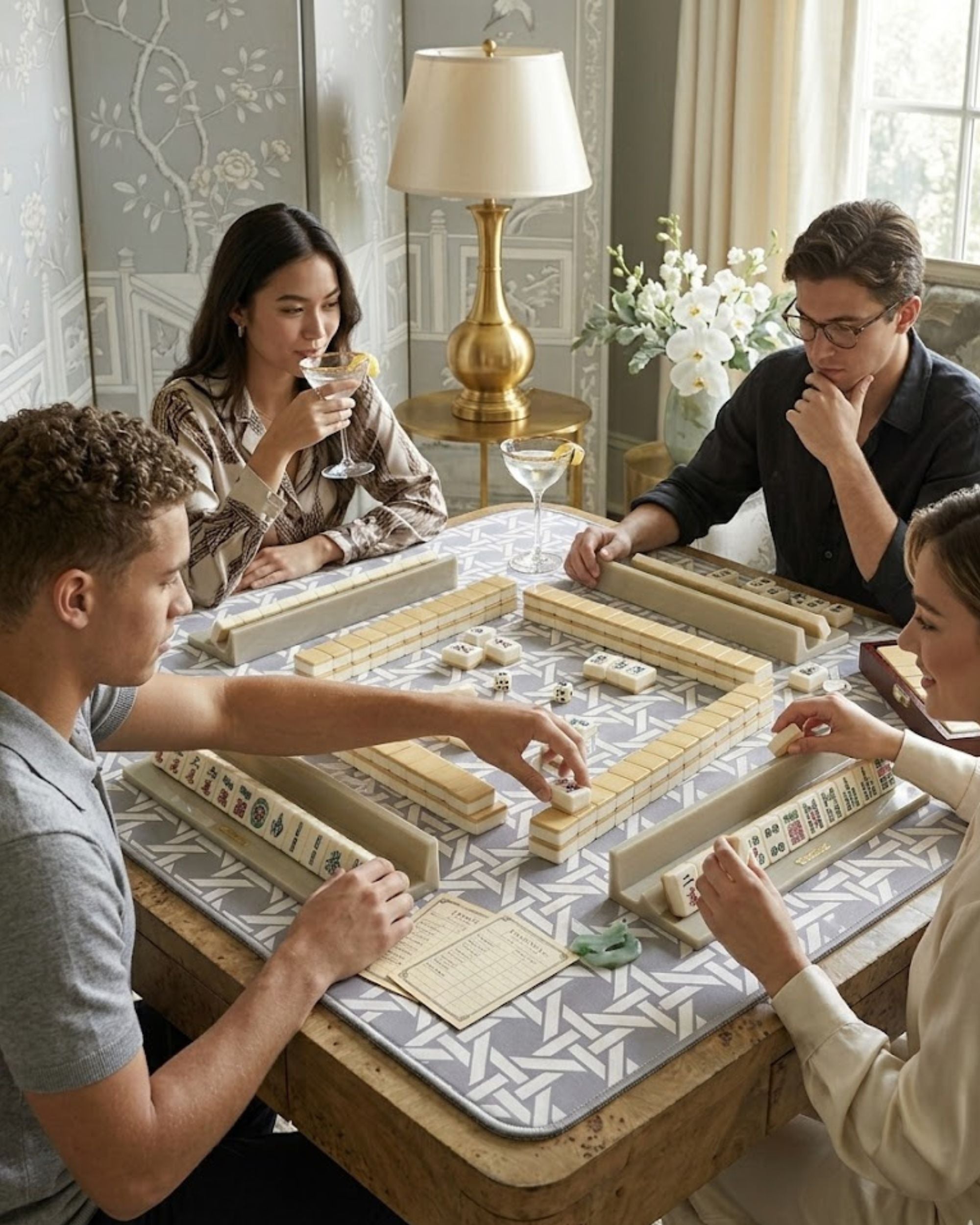 Premsons® Grey Geometric Mahjong Mat – Luxury Padded Mahjong Table Cover with Modern Bamboo Weave Pattern, Foldable Non-Slip Gaming Surface