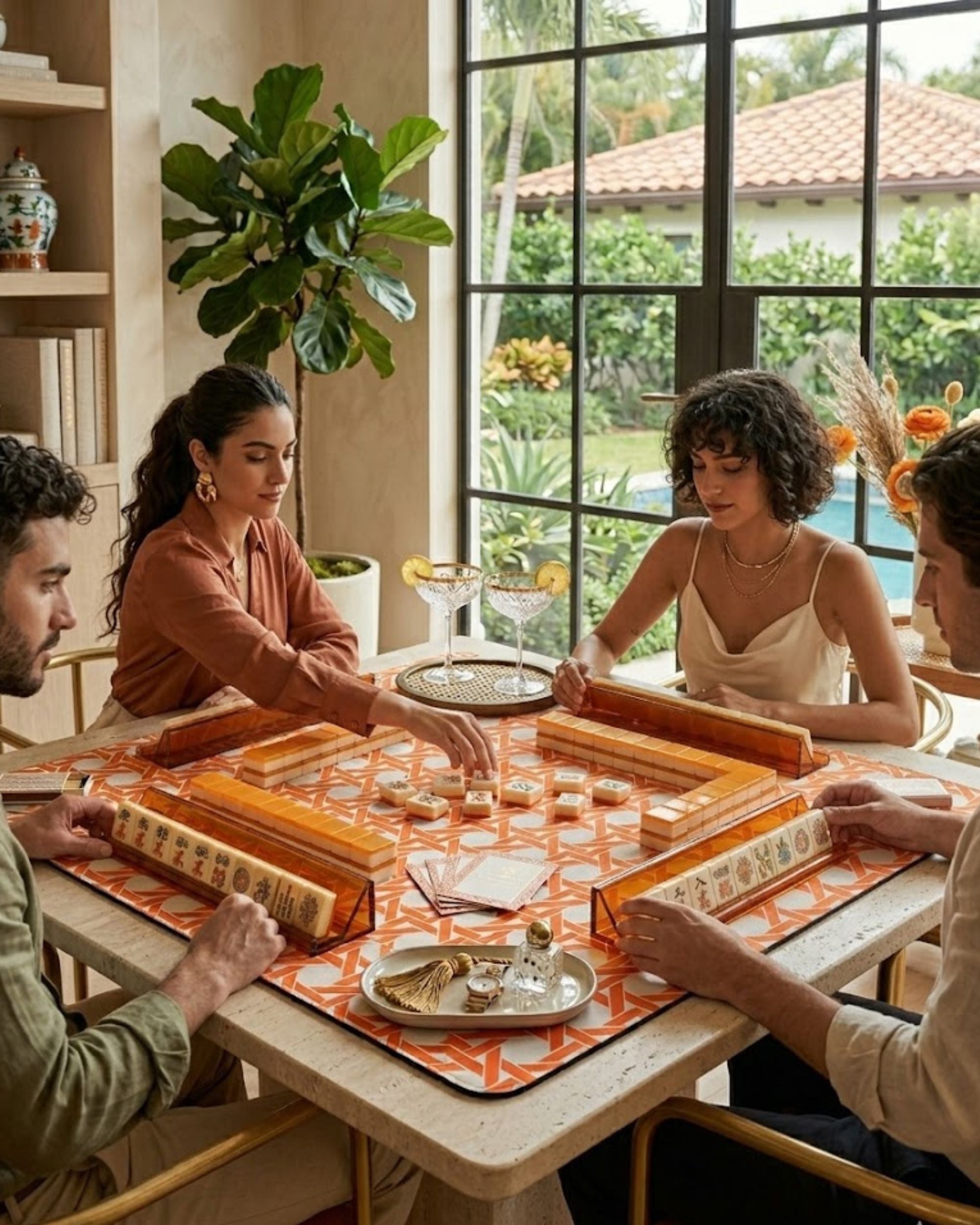 Premsons® Orange Geometric Mahjong Mat – Luxury Padded Mahjong Table Cover with Modern Bamboo Weave Pattern, Foldable Non-Slip Gaming Surface