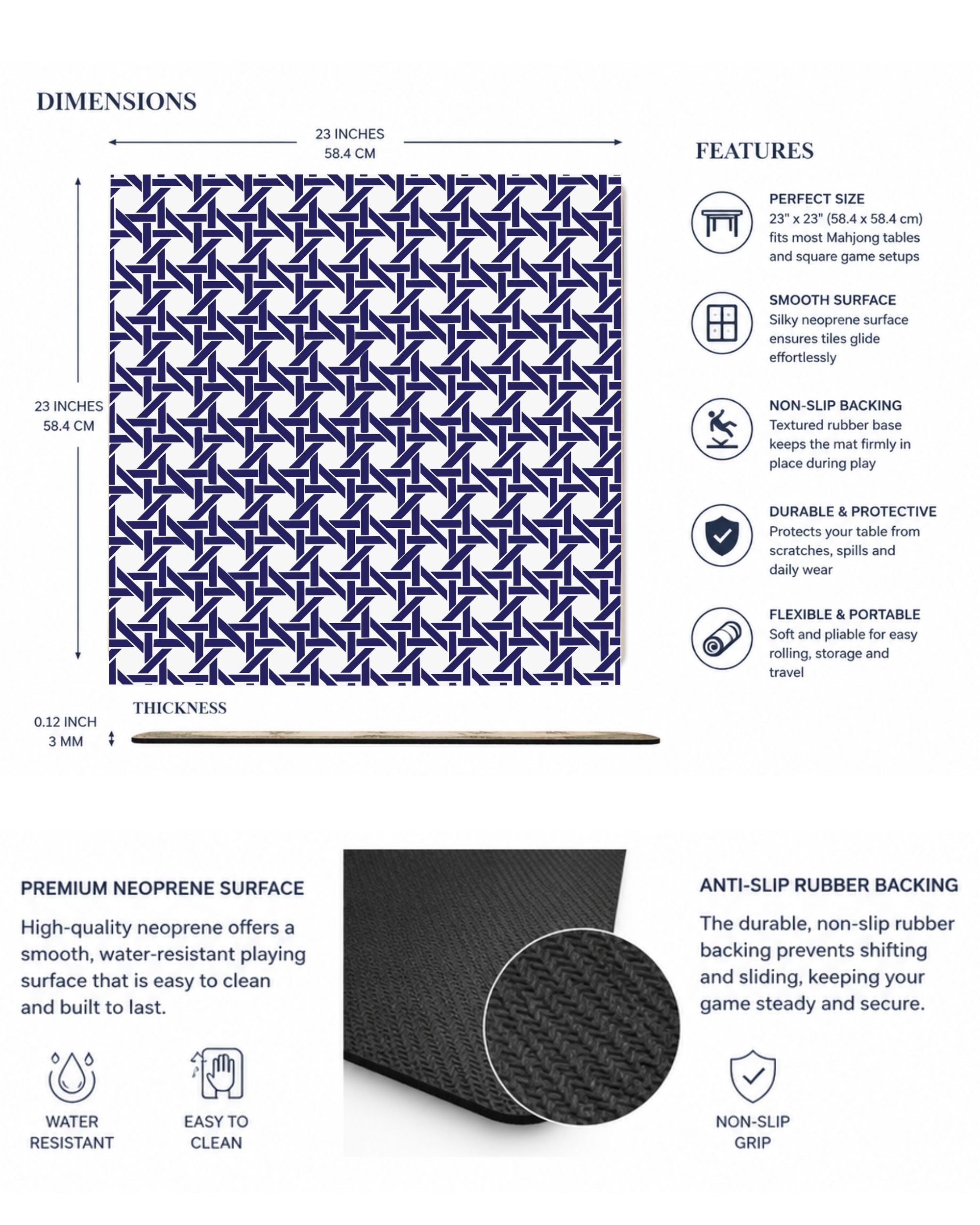 Premsons® Navy Geometric Mahjong Mat – Luxury Padded Mahjong Table Cover with Modern Bamboo Weave Pattern, Foldable Non-Slip Gaming Surface