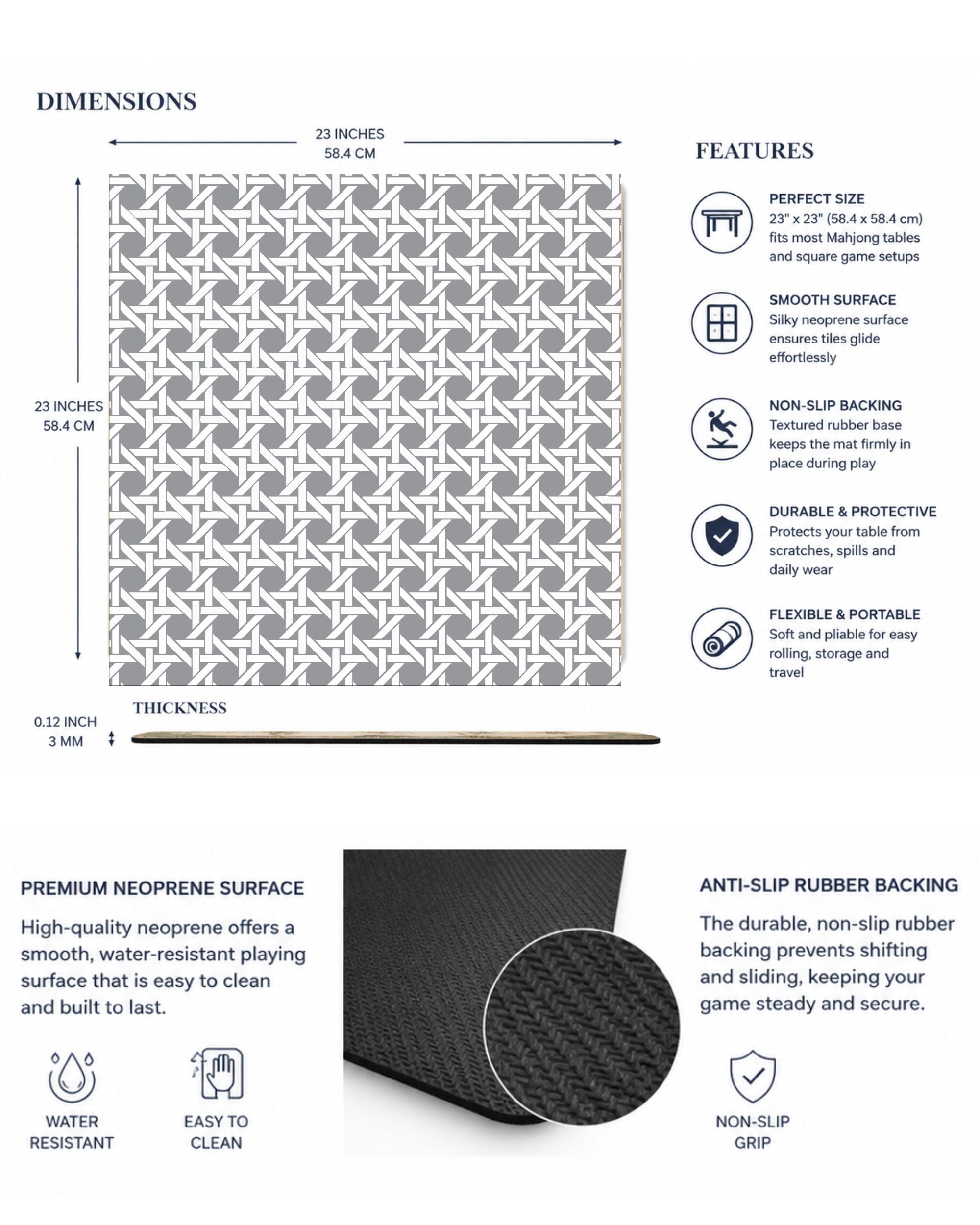 Premsons® Grey Geometric Mahjong Mat – Luxury Padded Mahjong Table Cover with Modern Bamboo Weave Pattern, Foldable Non-Slip Gaming Surface
