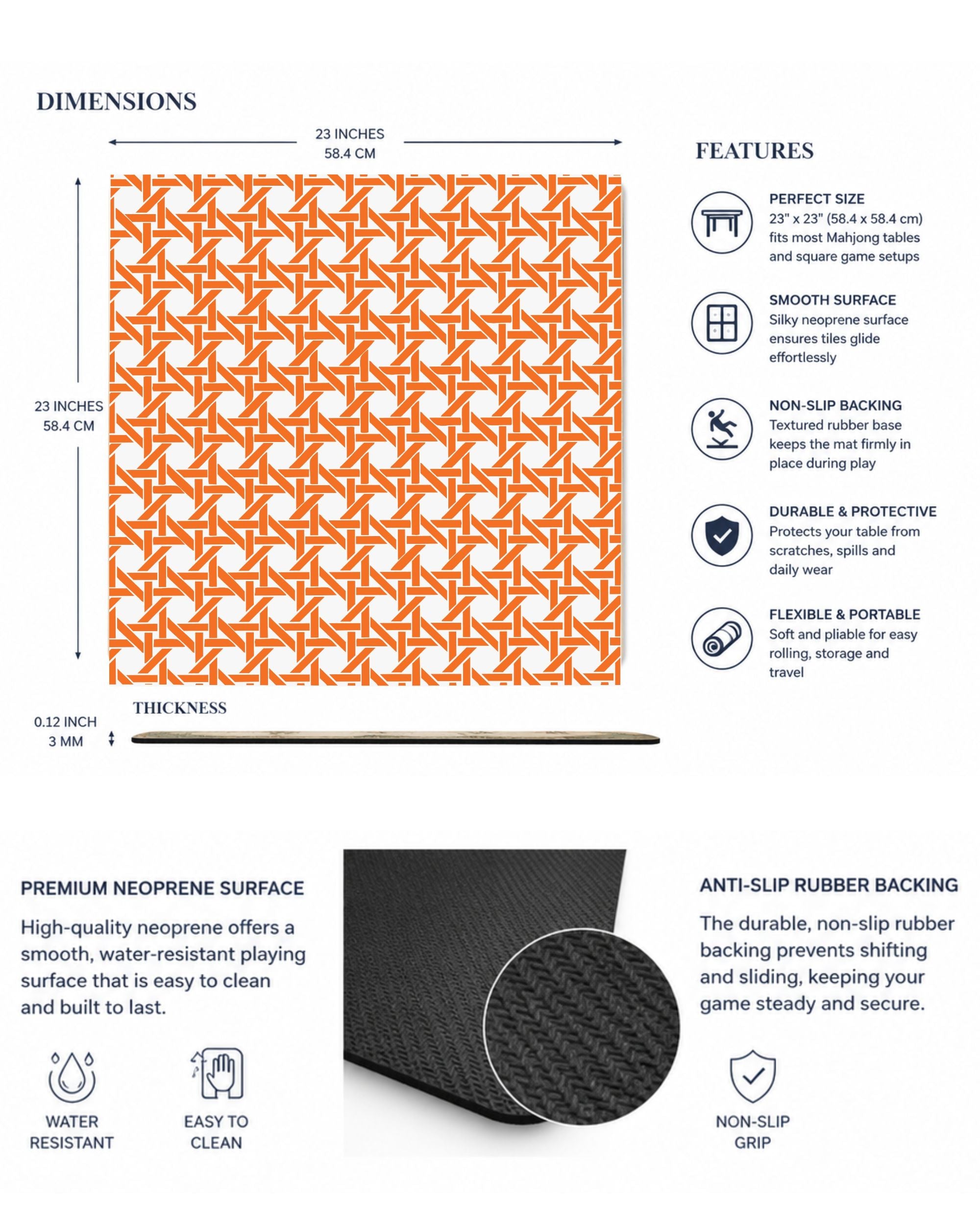 Premsons® Orange Geometric Mahjong Mat – Luxury Padded Mahjong Table Cover with Modern Bamboo Weave Pattern, Foldable Non-Slip Gaming Surface