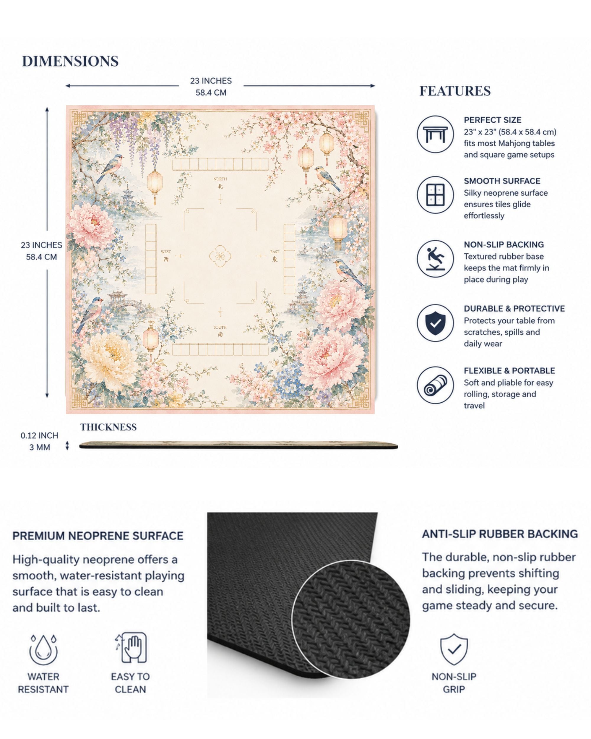 Premsons® Delicate Florals Mahjong Mat – Luxury Padded Mahjong Table Cover with Vintage Peony, Wisteria & Lantern Garden Design, Foldable Non-Slip Gaming Surface