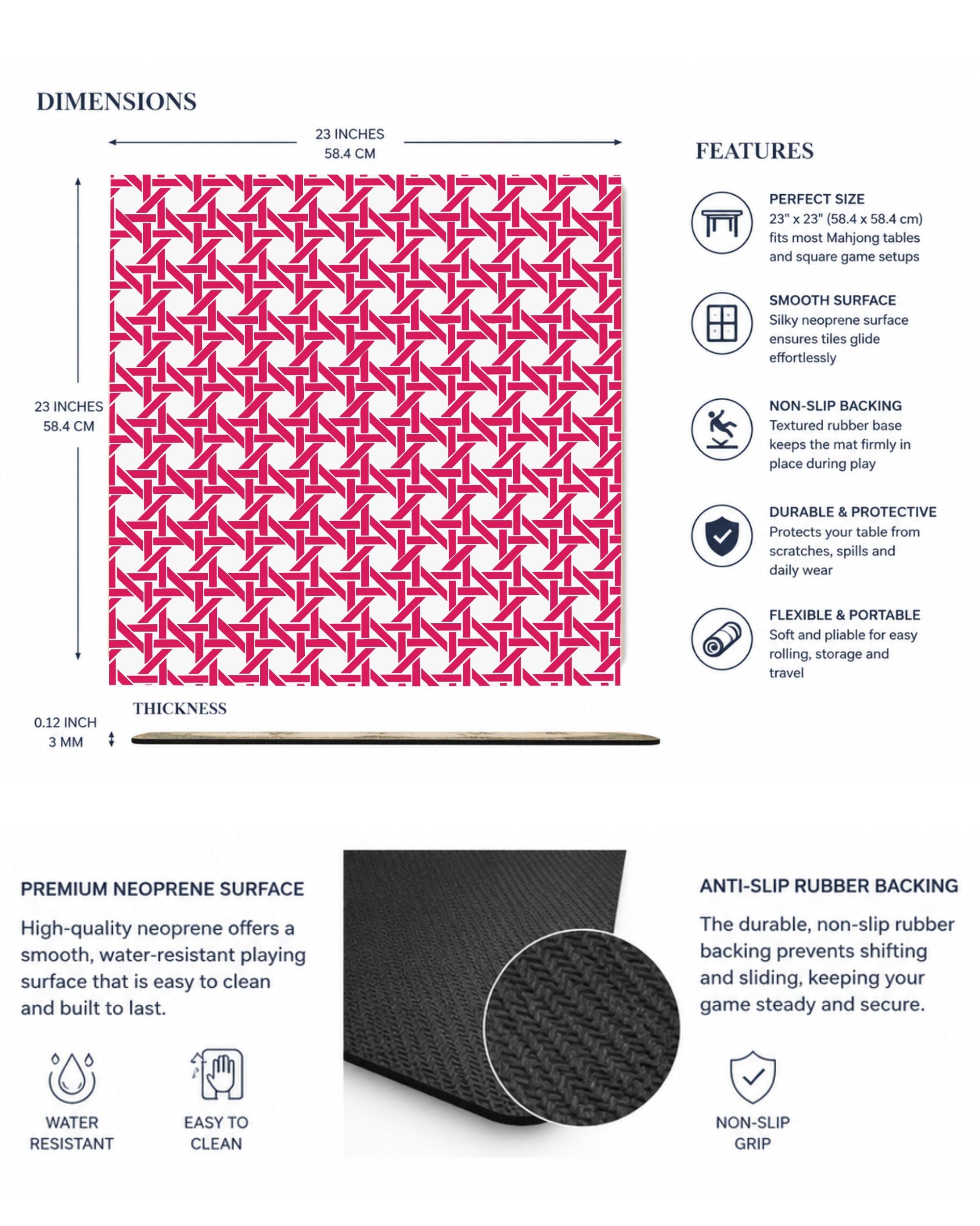 Premsons® Fuchsia Pink Geometric Mahjong Mat – Luxury Padded Mahjong Table Cover with Modern Bamboo Weave Pattern, Foldable Non-Slip Gaming Surface