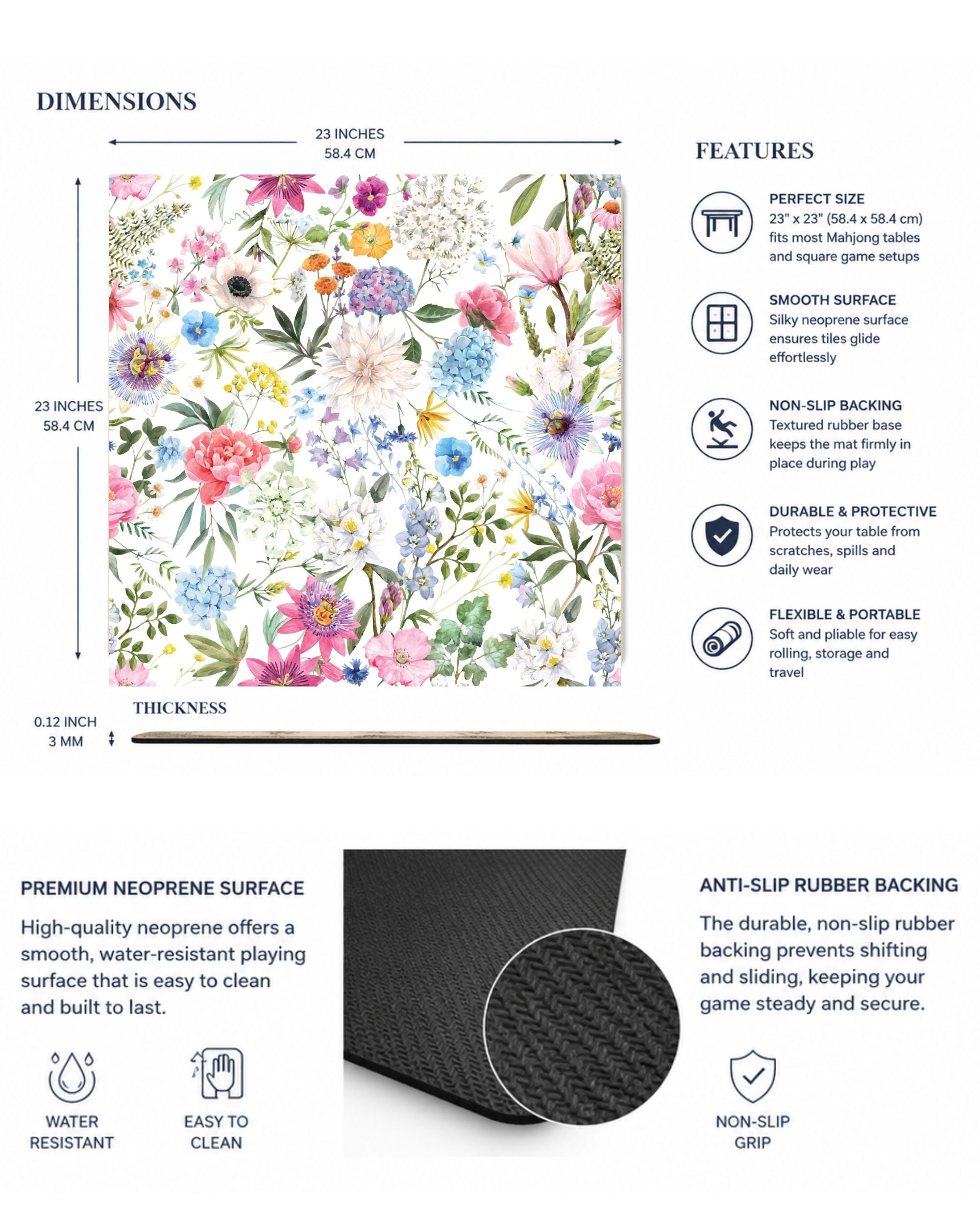 Premsons® Floral Bloom Mahjong Mat – Luxury Padded Mahjong Table Cover with Watercolor Peony & Hydrangea Garden Design, Foldable Non-Slip Gaming Surface
