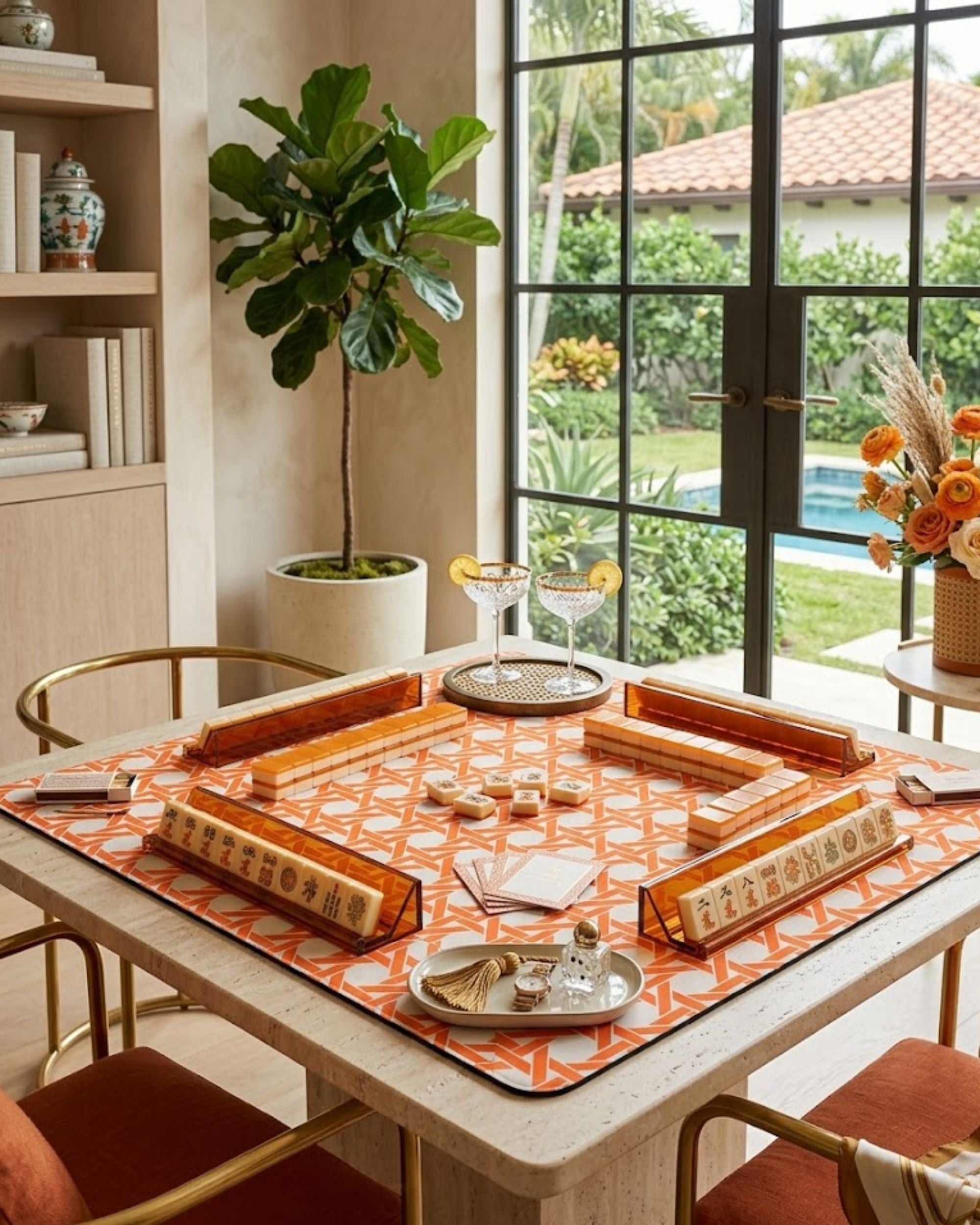Premsons® Orange Geometric Mahjong Mat – Luxury Padded Mahjong Table Cover with Modern Bamboo Weave Pattern, Foldable Non-Slip Gaming Surface