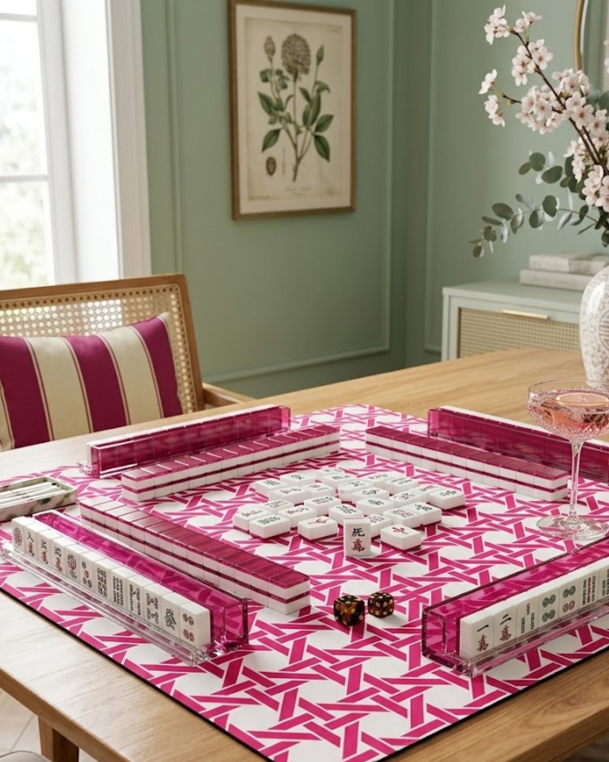 Premsons® Fuchsia Pink Geometric Mahjong Mat – Luxury Padded Mahjong Table Cover with Modern Bamboo Weave Pattern, Foldable Non-Slip Gaming Surface