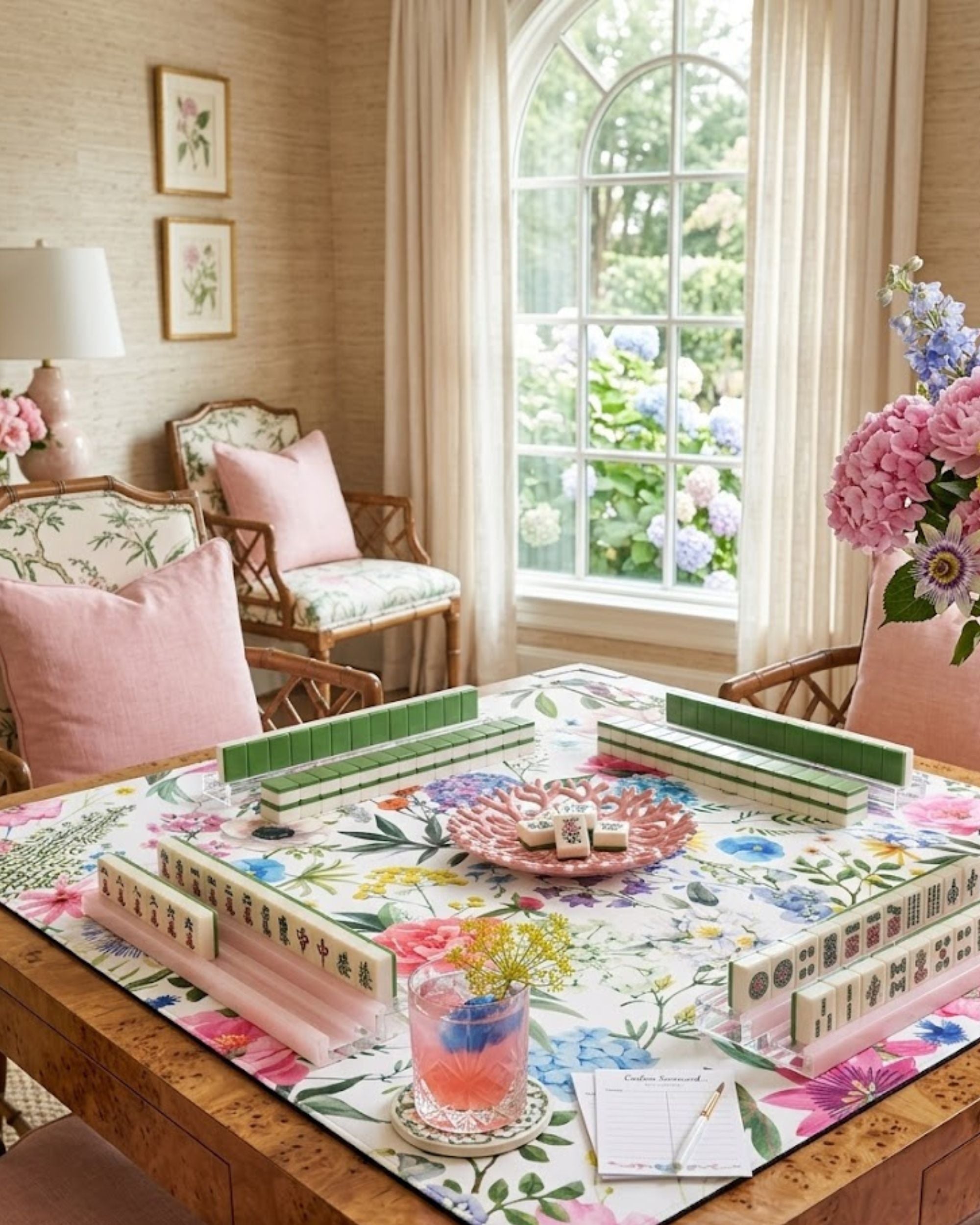 Premsons® Floral Bloom Mahjong Mat – Luxury Padded Mahjong Table Cover with Watercolor Peony & Hydrangea Garden Design, Foldable Non-Slip Gaming Surface