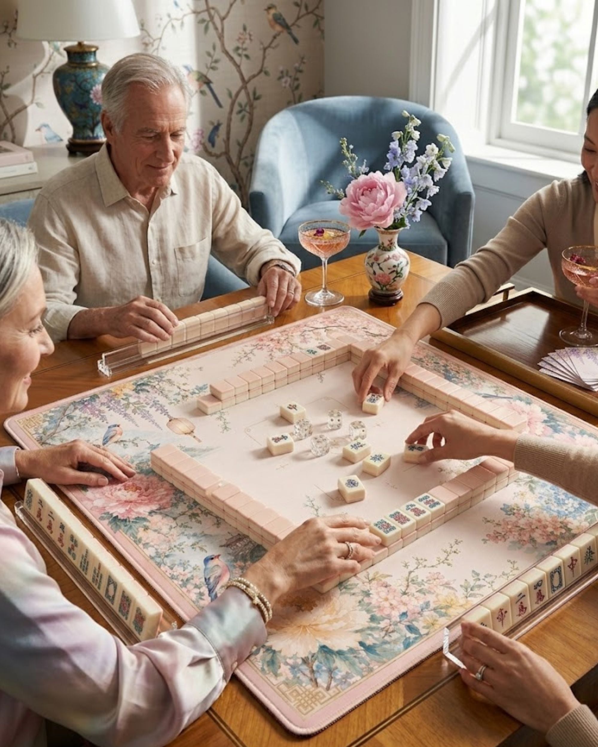 Premsons® Delicate Florals Mahjong Mat – Luxury Padded Mahjong Table Cover with Vintage Peony, Wisteria & Lantern Garden Design, Foldable Non-Slip Gaming Surface