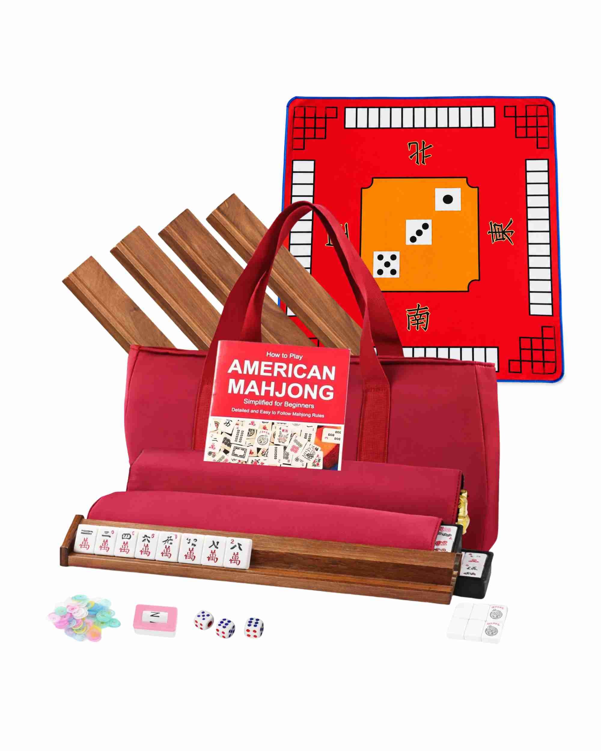 American mahjong set in red carry bag with red play mat, wooden racks, and tiles