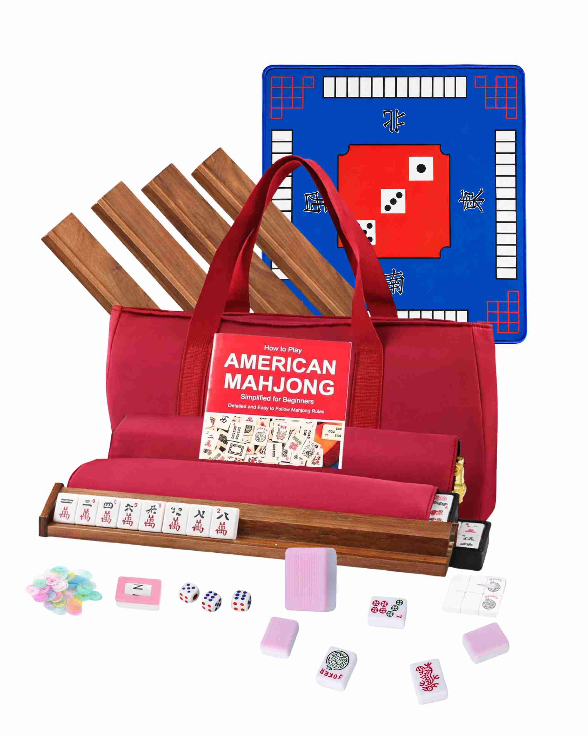 Mahjong set with red storage bag, pink tiles, wooden racks and blue playing mat