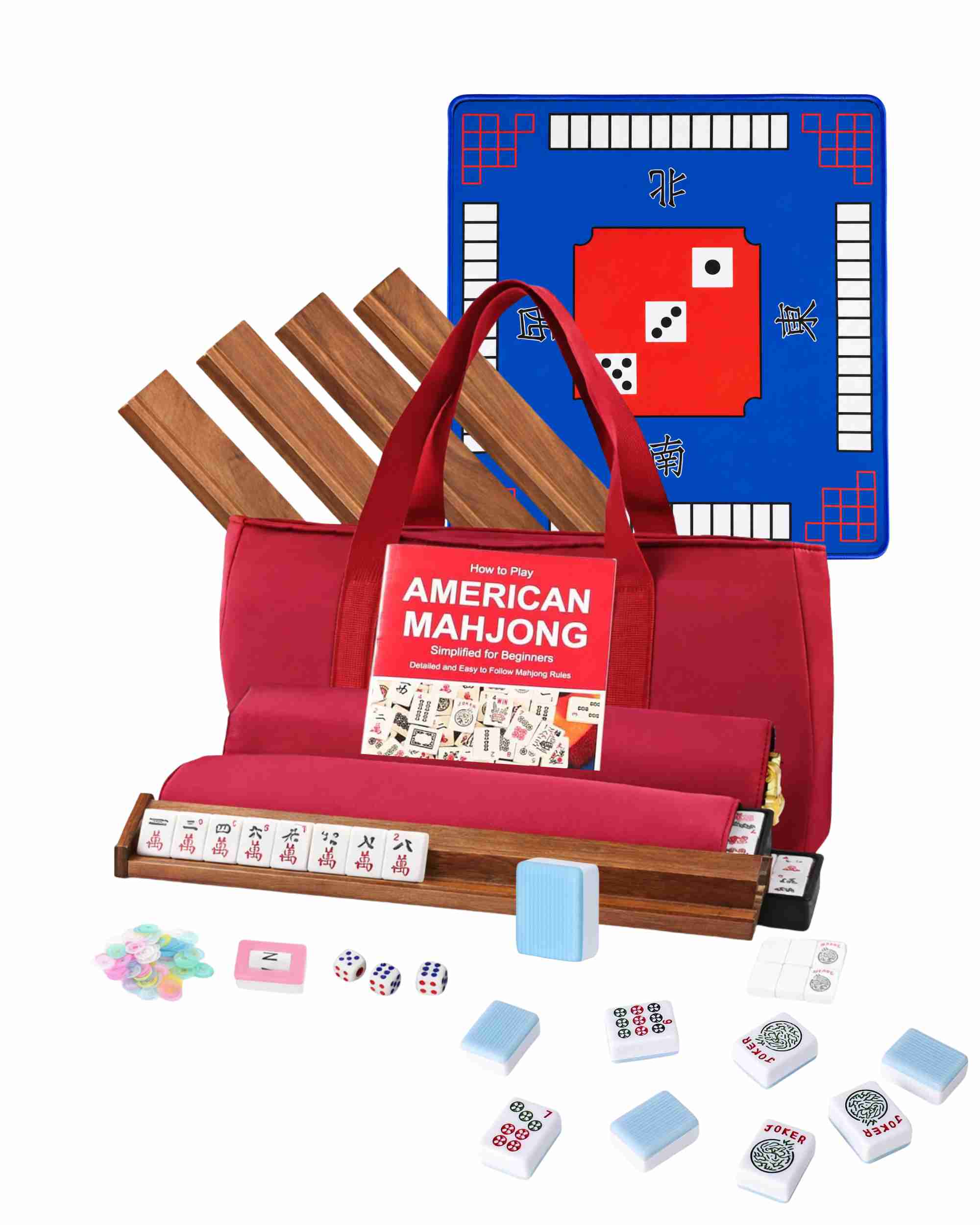 American mahjong set with blue pattern mat, red bag, wooden racks, and sky blue tiles
