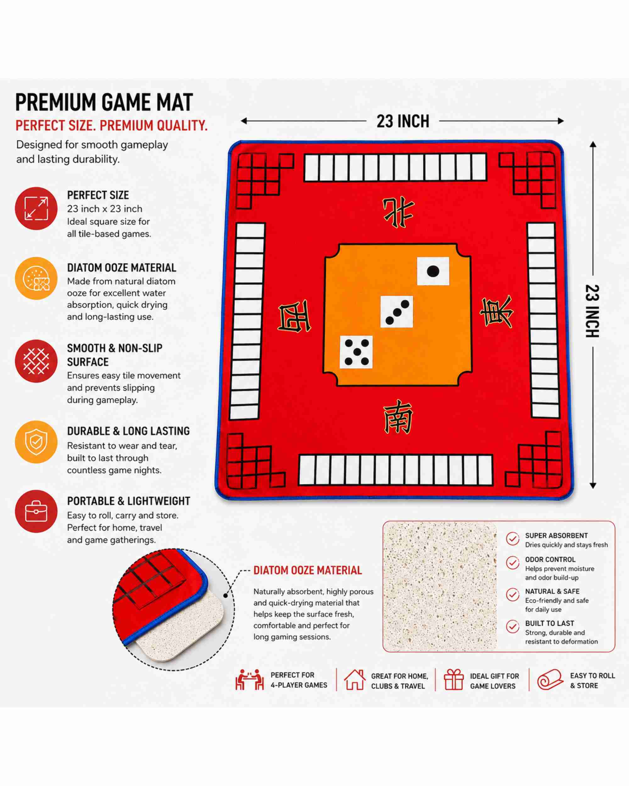 Red mahjong play mat with labeled feature diagram and size measurements